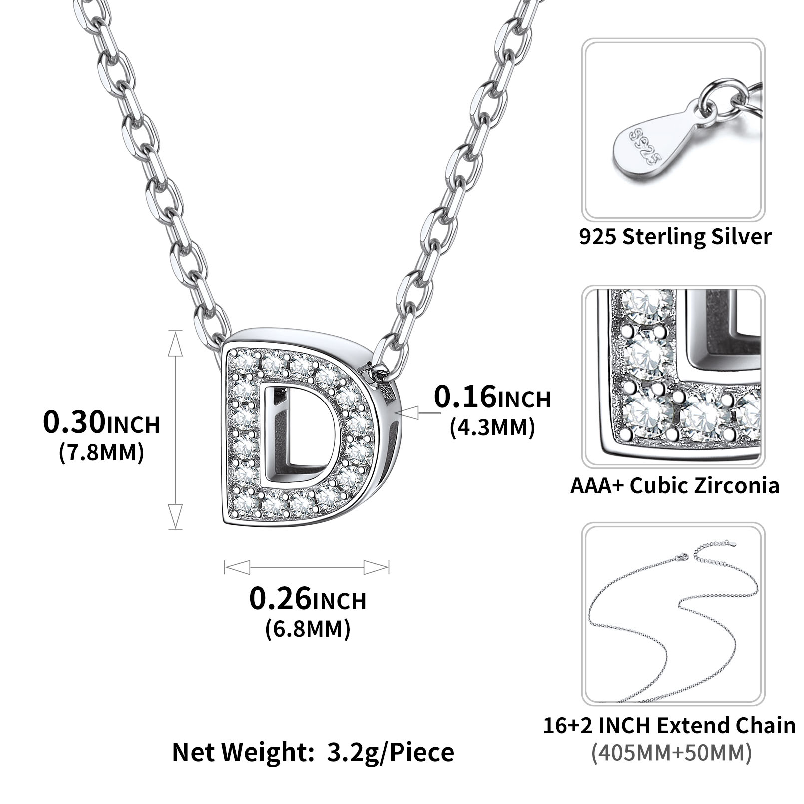 Sterling Silver ChicSilver Dainty Cubic Zirconia Initial Necklace Details: Dimensions, Hypoallergenic, Lobster-Claw-Clasps