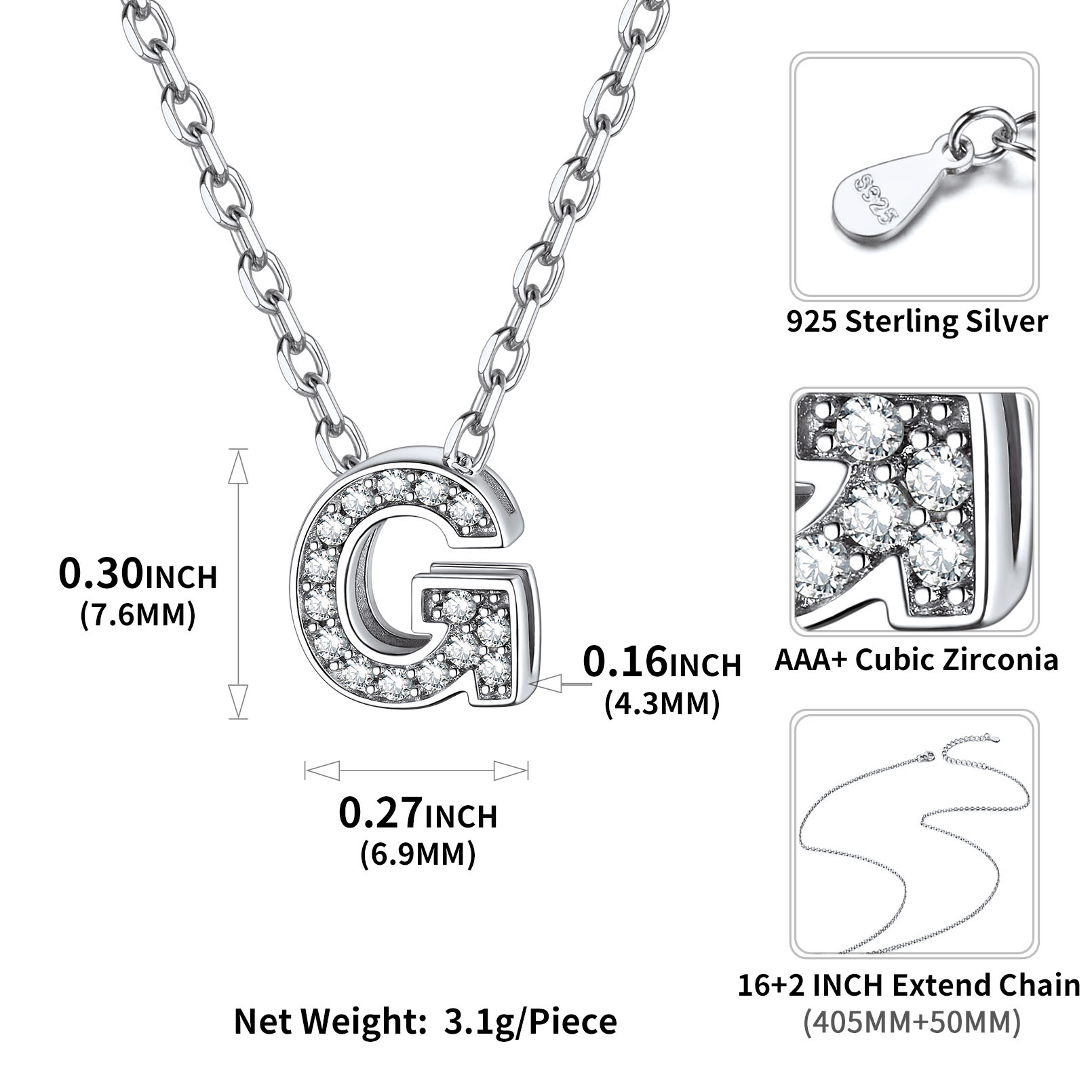 Sterling Silver ChicSilver Dainty Cubic Zirconia Initial Necklace Details: Dimensions, Hypoallergenic, Lobster-Claw-Clasps