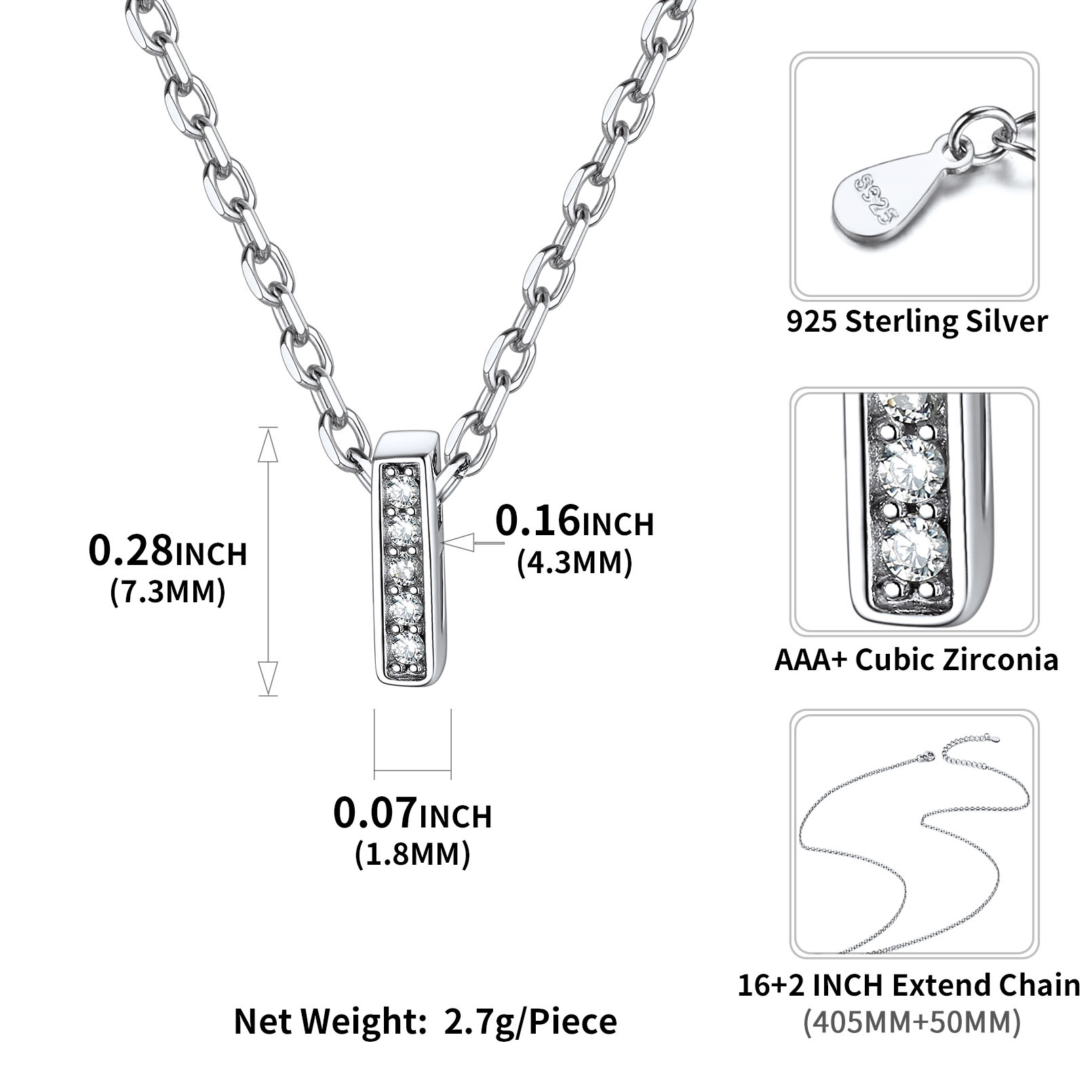 Sterling Silver ChicSilver Dainty Cubic Zirconia Initial Necklace Details: Dimensions, Hypoallergenic, Lobster-Claw-Clasps