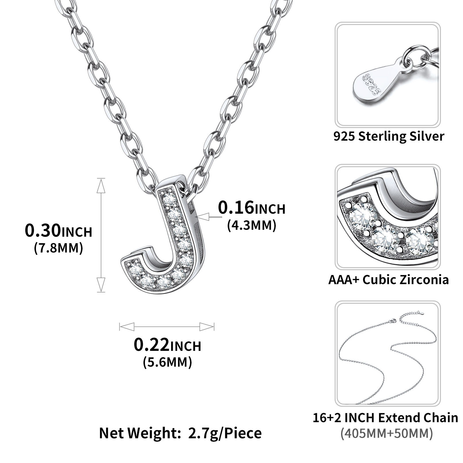 Sterling Silver ChicSilver Dainty Cubic Zirconia Initial Necklace Details: Dimensions, Hypoallergenic, Lobster-Claw-Clasps