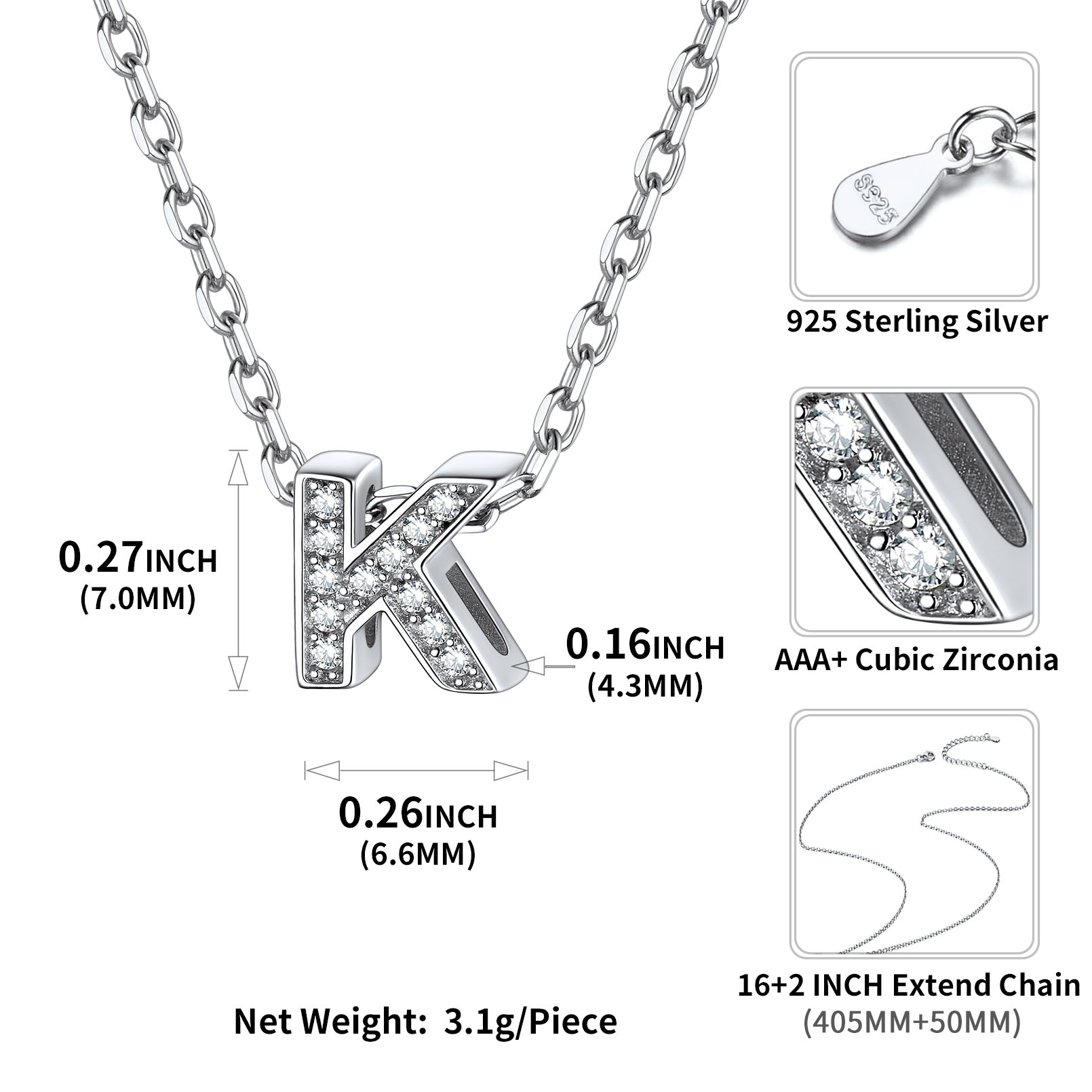 Sterling Silver ChicSilver Dainty Cubic Zirconia Initial Necklace Details: Dimensions, Hypoallergenic, Lobster-Claw-Clasps