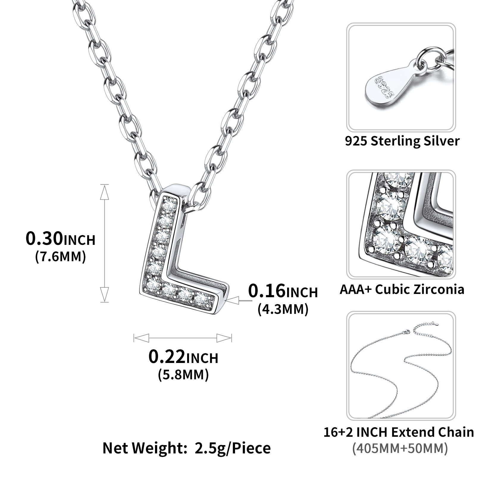 Sterling Silver ChicSilver Dainty Cubic Zirconia Initial Necklace Details: Dimensions, Hypoallergenic, Lobster-Claw-Clasps