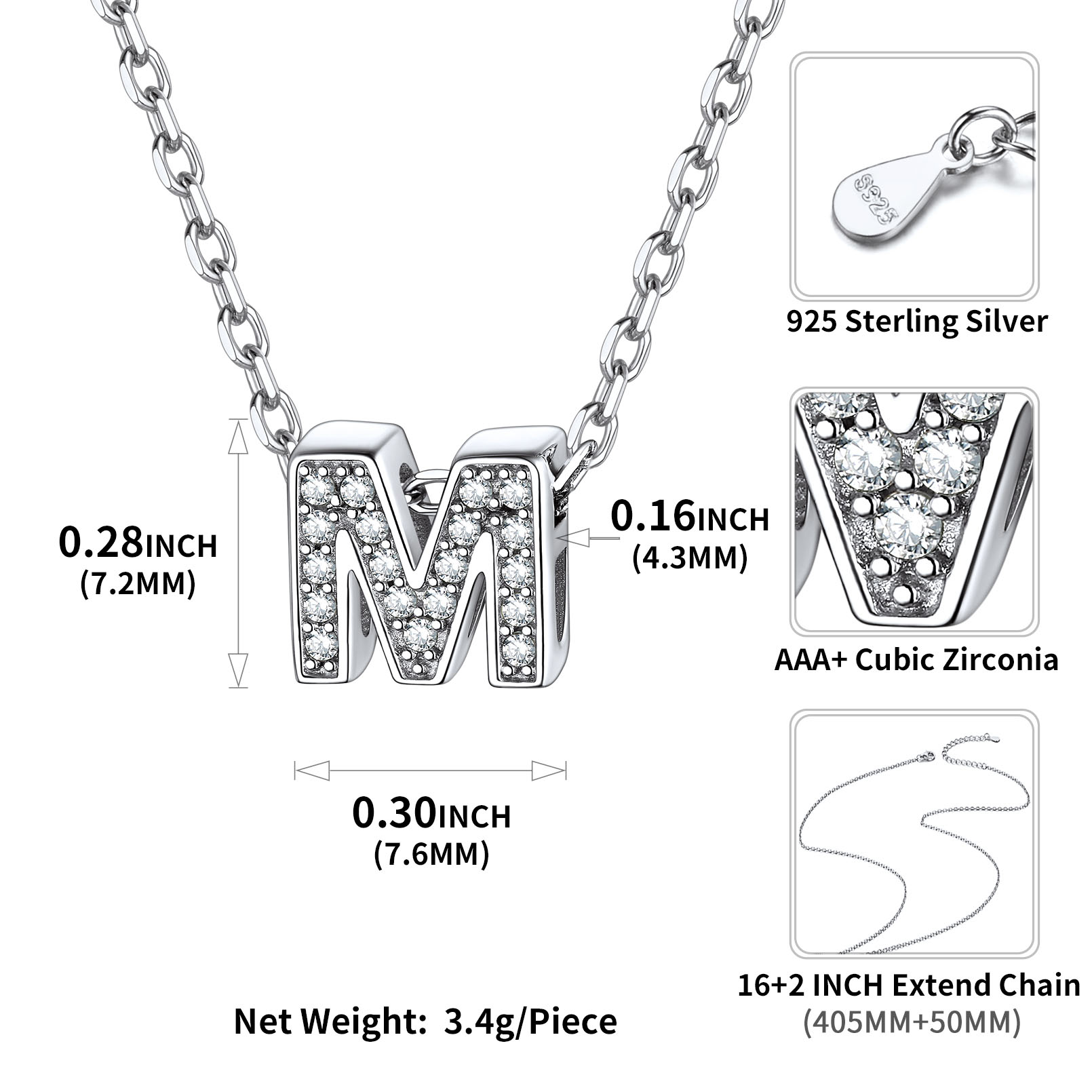 Sterling Silver ChicSilver Dainty Cubic Zirconia Initial Necklace Details: Dimensions, Hypoallergenic, Lobster-Claw-Clasps