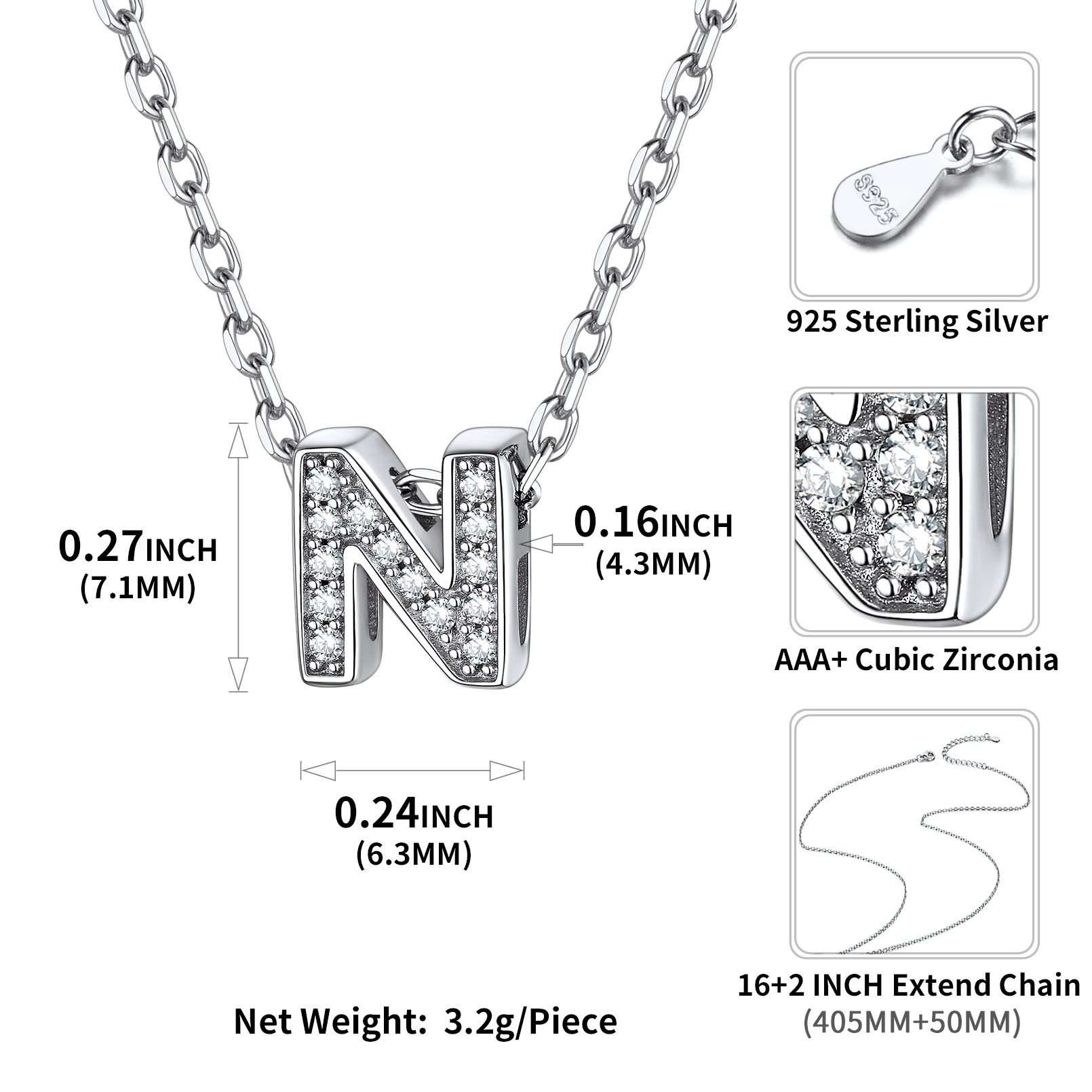 Sterling Silver ChicSilver Dainty Cubic Zirconia Initial Necklace Details: Dimensions, Hypoallergenic, Lobster-Claw-Clasps