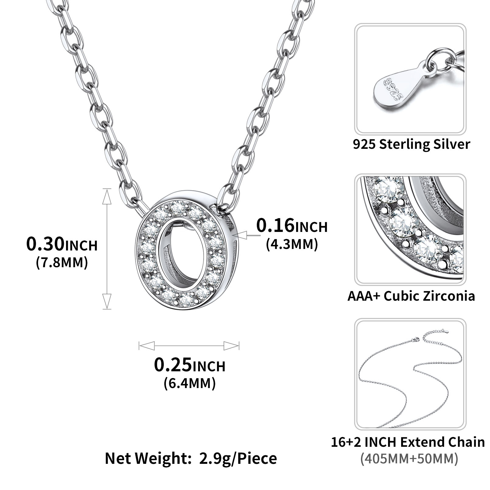Sterling Silver ChicSilver Dainty Cubic Zirconia Initial Necklace Details: Dimensions, Hypoallergenic, Lobster-Claw-Clasps