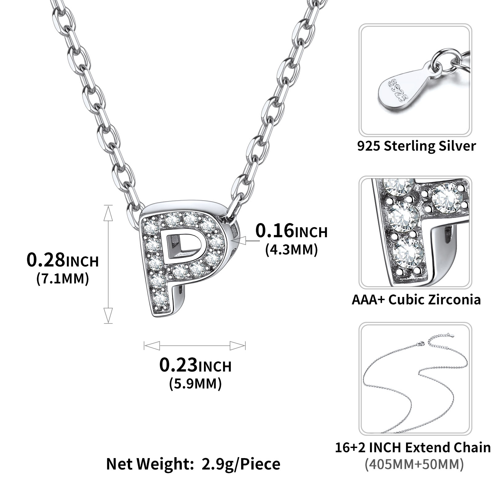 Sterling Silver ChicSilver Dainty Cubic Zirconia Initial Necklace Details: Dimensions, Hypoallergenic, Lobster-Claw-Clasps