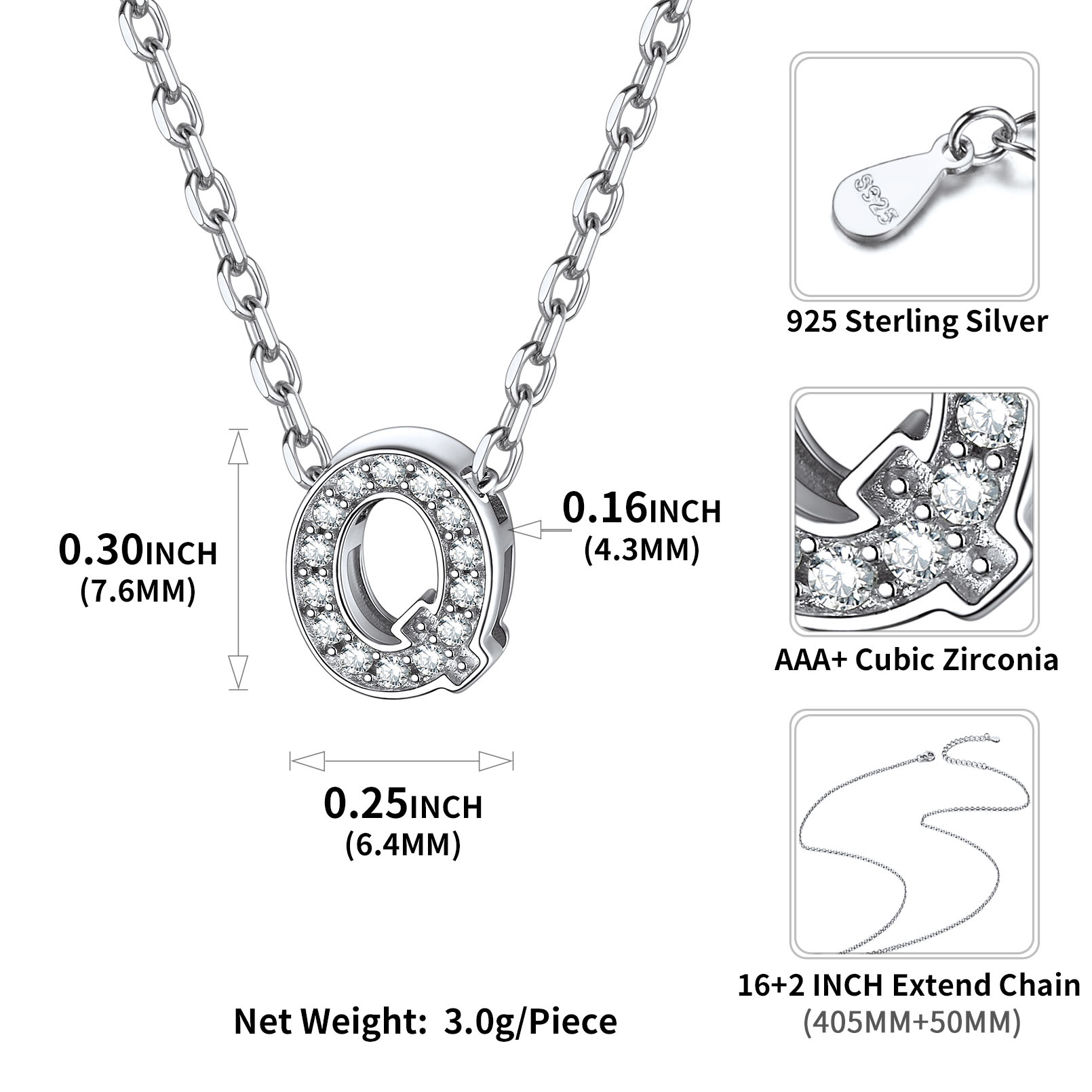 Sterling Silver ChicSilver Dainty Cubic Zirconia Initial Necklace Details: Dimensions, Hypoallergenic, Lobster-Claw-Clasps