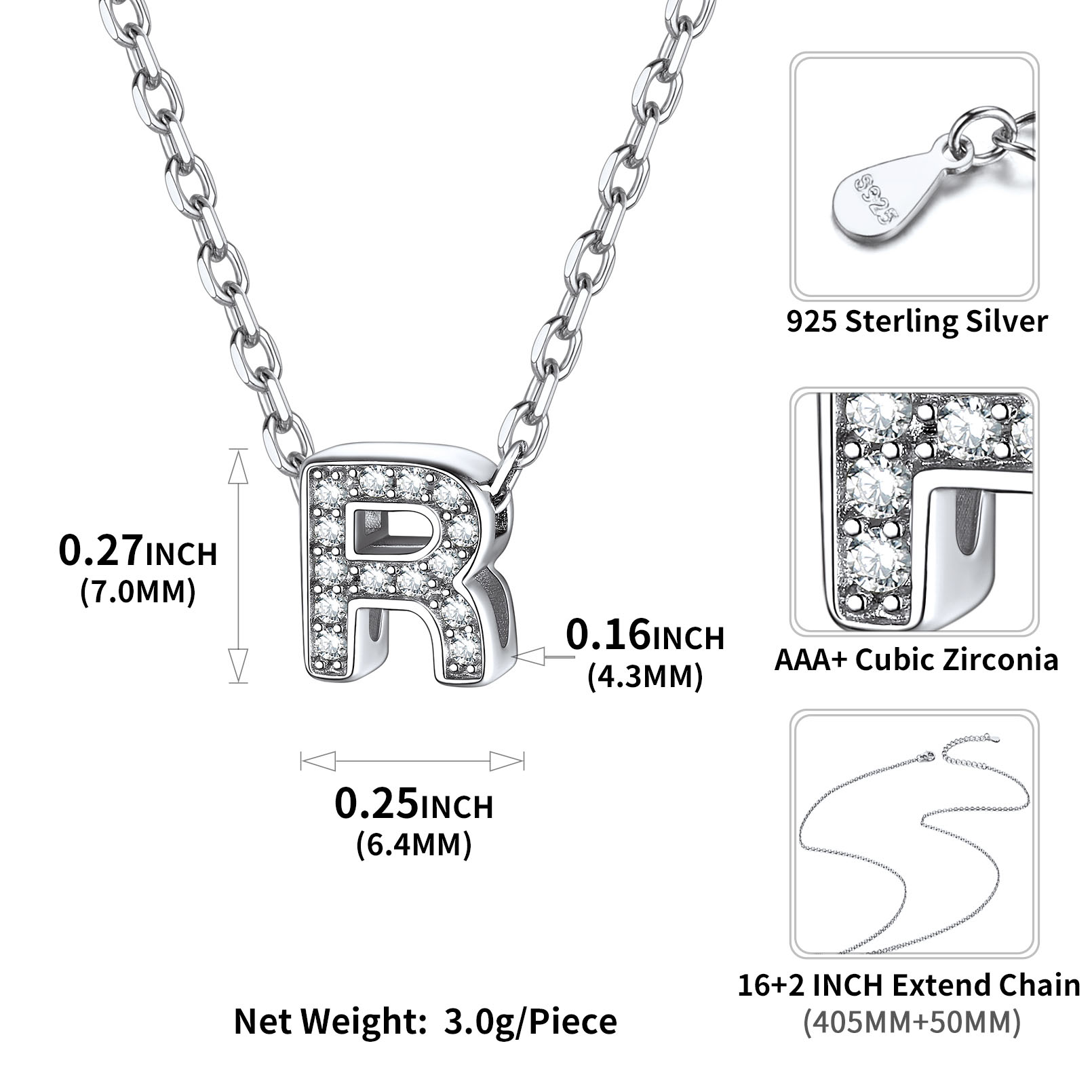 Sterling Silver ChicSilver Dainty Cubic Zirconia Initial Necklace Details: Dimensions, Hypoallergenic, Lobster-Claw-Clasps