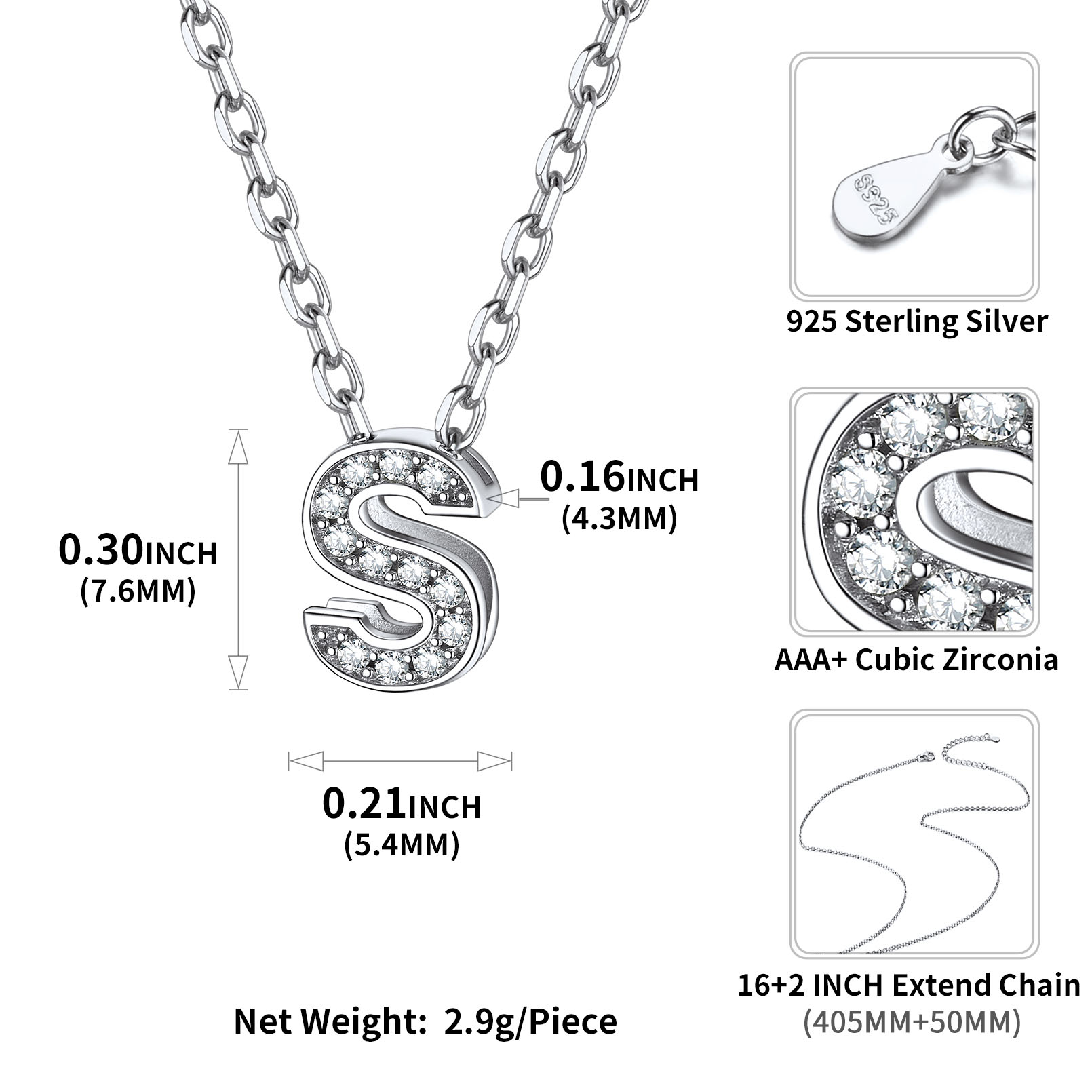 Sterling Silver ChicSilver Dainty Cubic Zirconia Initial Necklace Details: Dimensions, Hypoallergenic, Lobster-Claw-Clasps