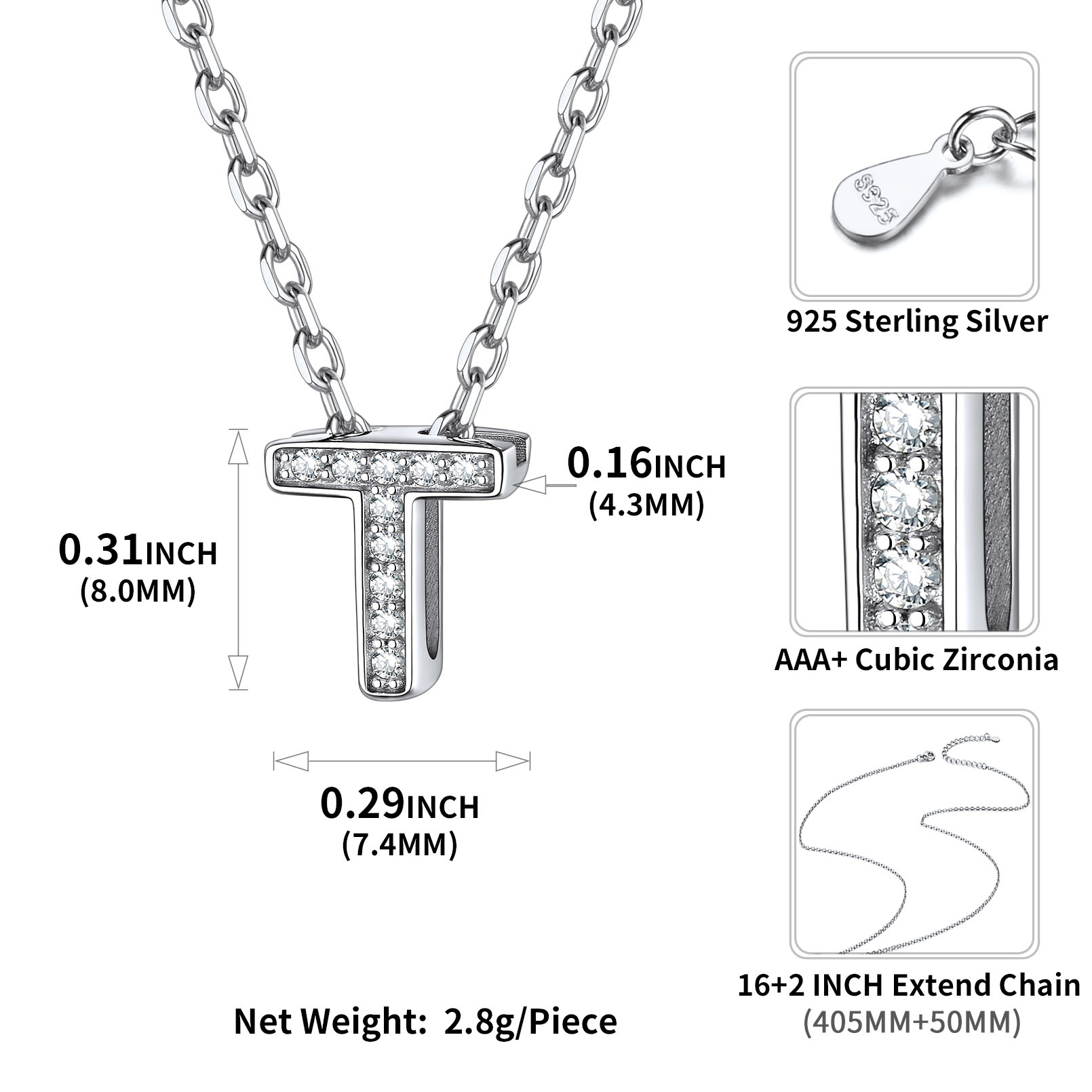 Sterling Silver ChicSilver Dainty Cubic Zirconia Initial Necklace Details: Dimensions, Hypoallergenic, Lobster-Claw-Clasps
