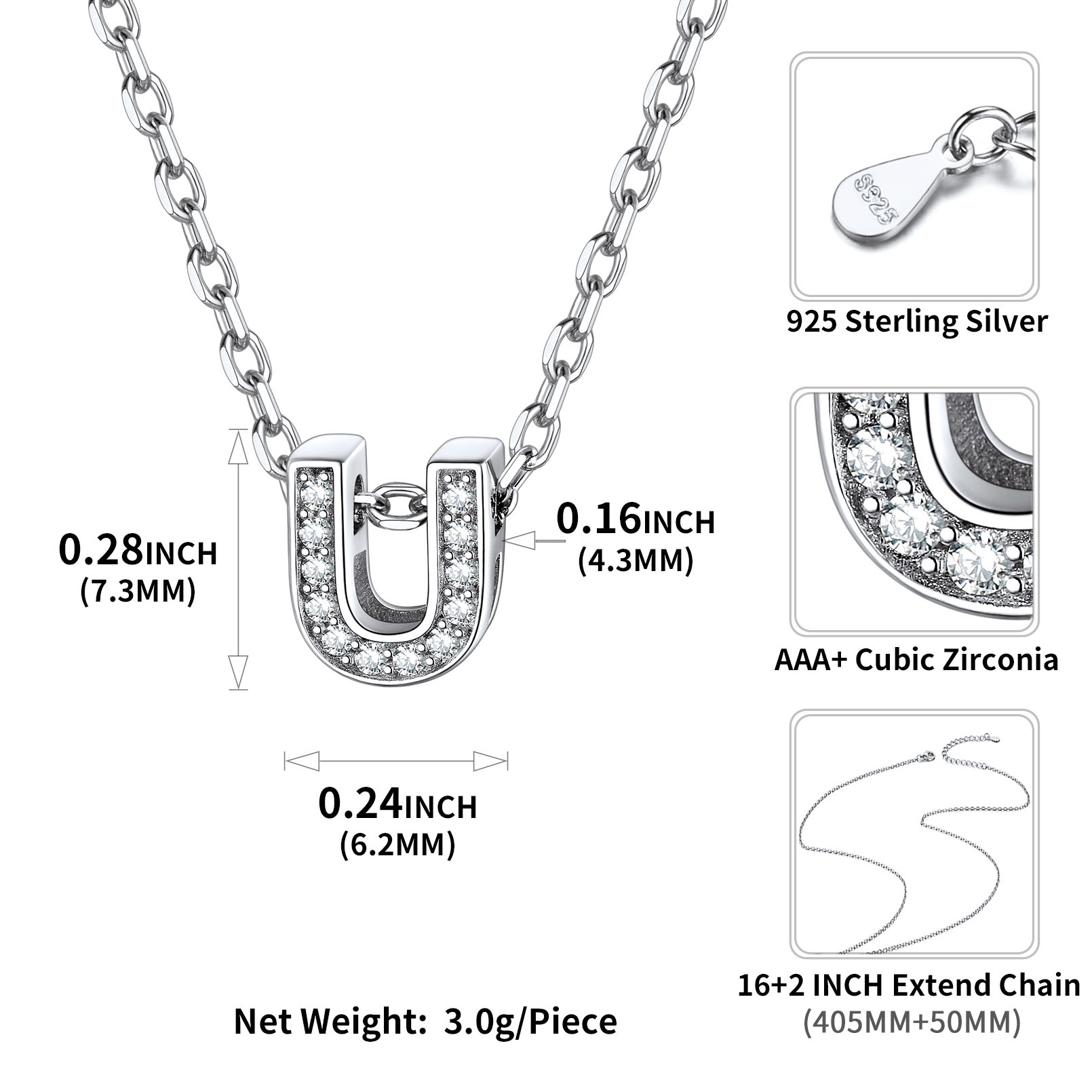 Sterling Silver ChicSilver Dainty Cubic Zirconia Initial Necklace Details: Dimensions, Hypoallergenic, Lobster-Claw-Clasps