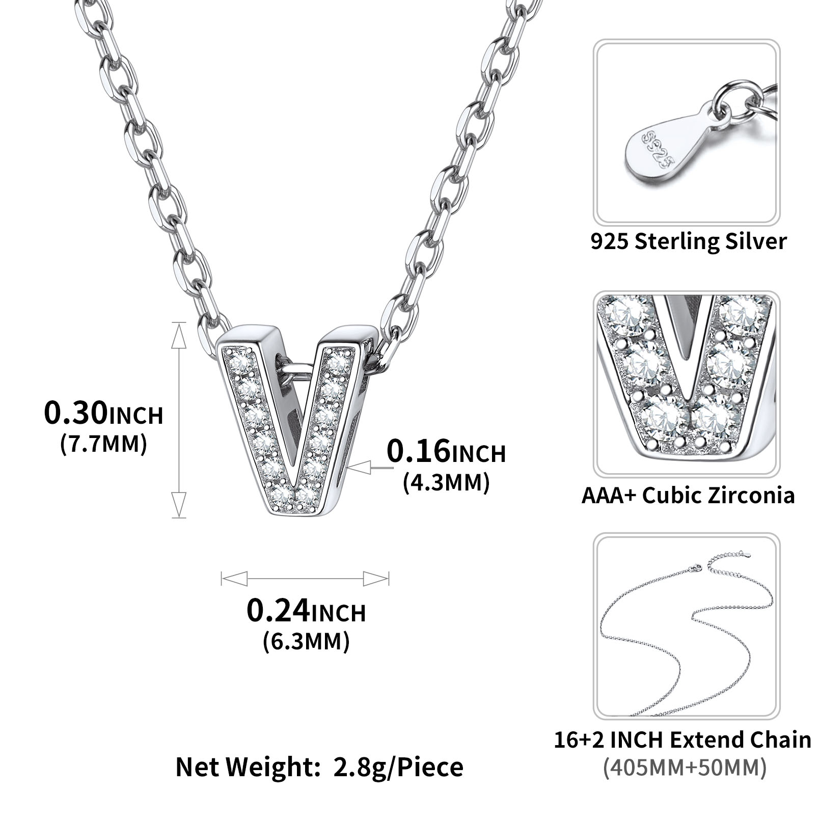 Sterling Silver ChicSilver Dainty Cubic Zirconia Initial Necklace Details: Dimensions, Hypoallergenic, Lobster-Claw-Clasps