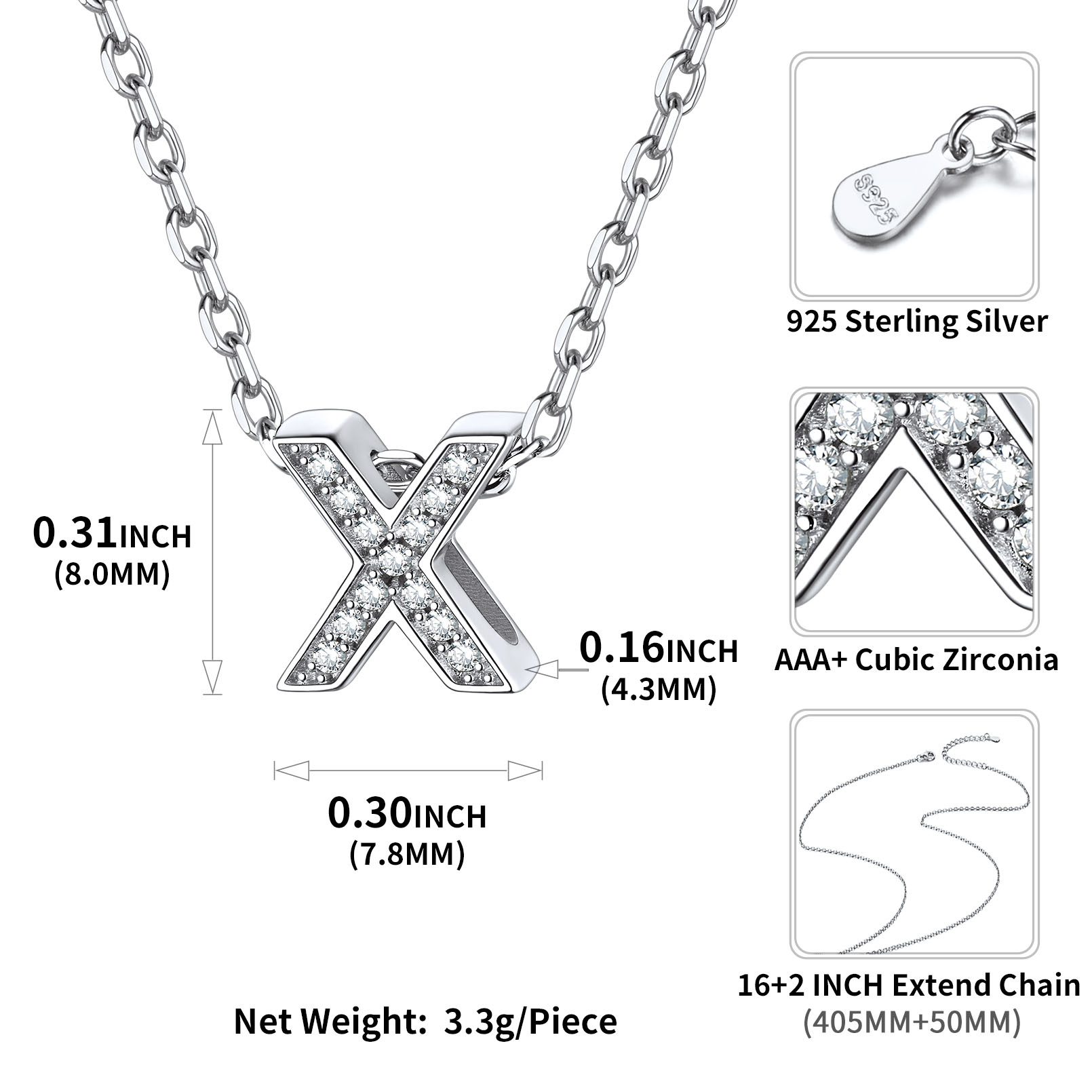 Sterling Silver ChicSilver Dainty Cubic Zirconia Initial Necklace Details: Dimensions, Hypoallergenic, Lobster-Claw-Clasps