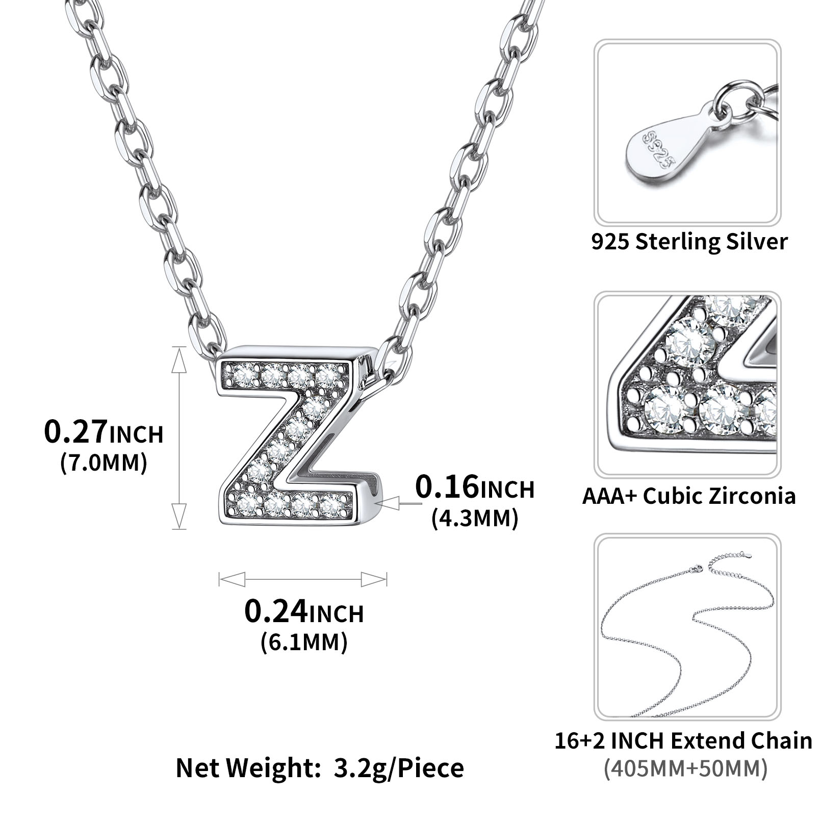 Sterling Silver ChicSilver Dainty Cubic Zirconia Initial Necklace Details: Dimensions, Hypoallergenic, Lobster-Claw-Clasps