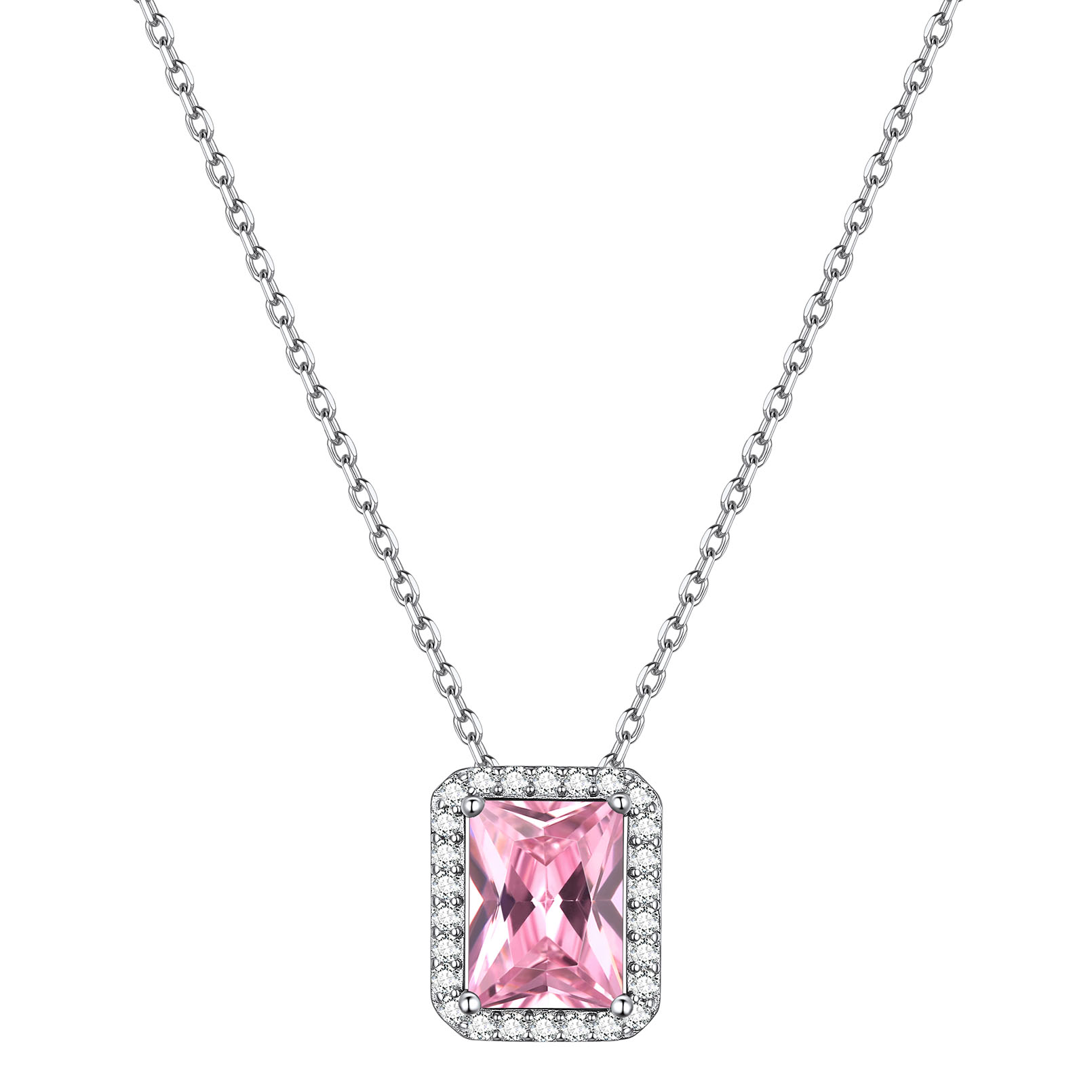 Square Emerald Cut Cubic Zirconia Halo Pendant Birthstone Necklace for Women, october birthstone, Pink Tourmaline Jewelry, Libra Birthstone, Scorpio Birthstone, sterling silver Jewelry, gift idea