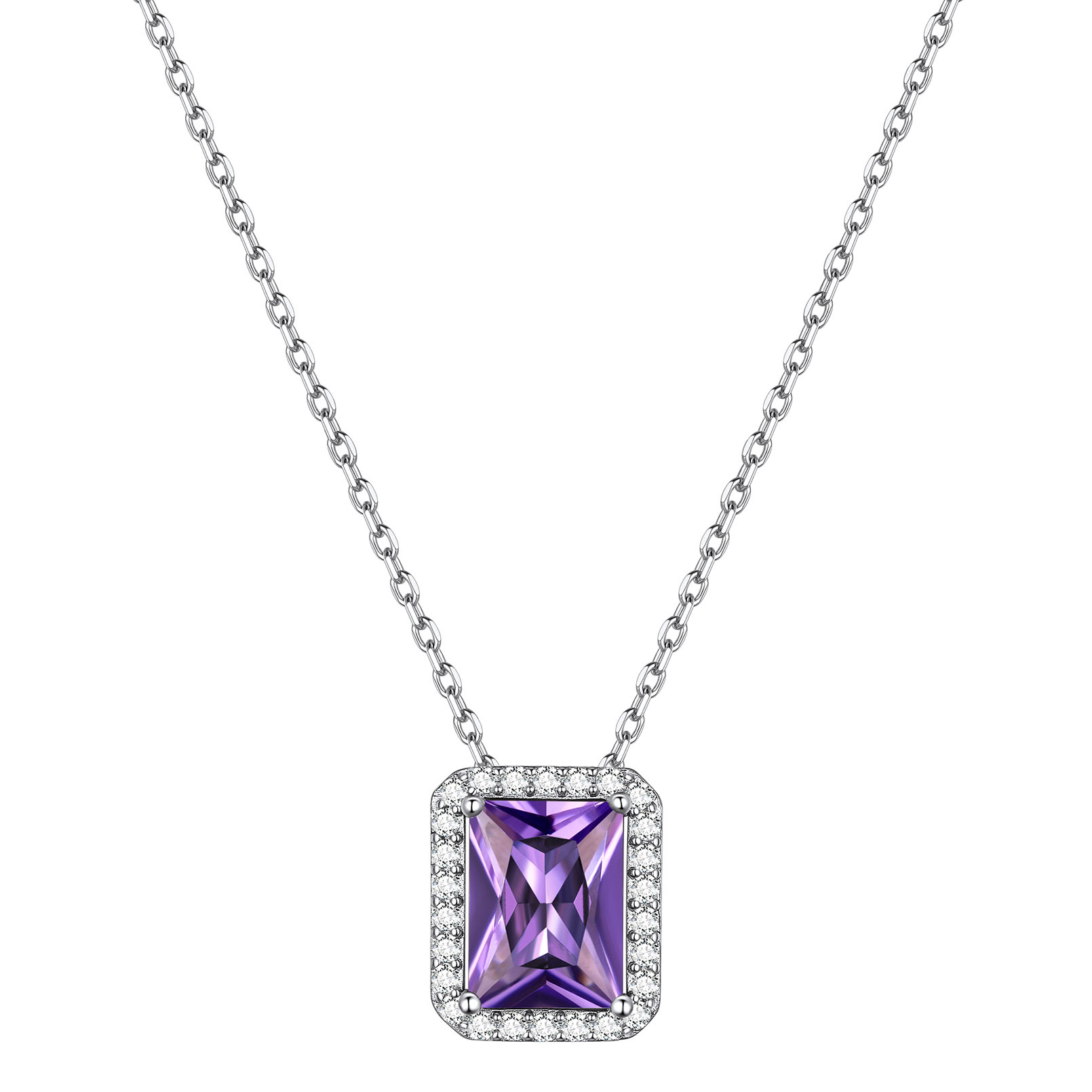 Square Emerald Cut Cubic Zirconia Halo Pendant Birthstone Necklace for Women, February birthstone, Amethyst Jewelry, Pisces Birthstone, Aquarius Birthstone, sterling silver necklace, gift idea