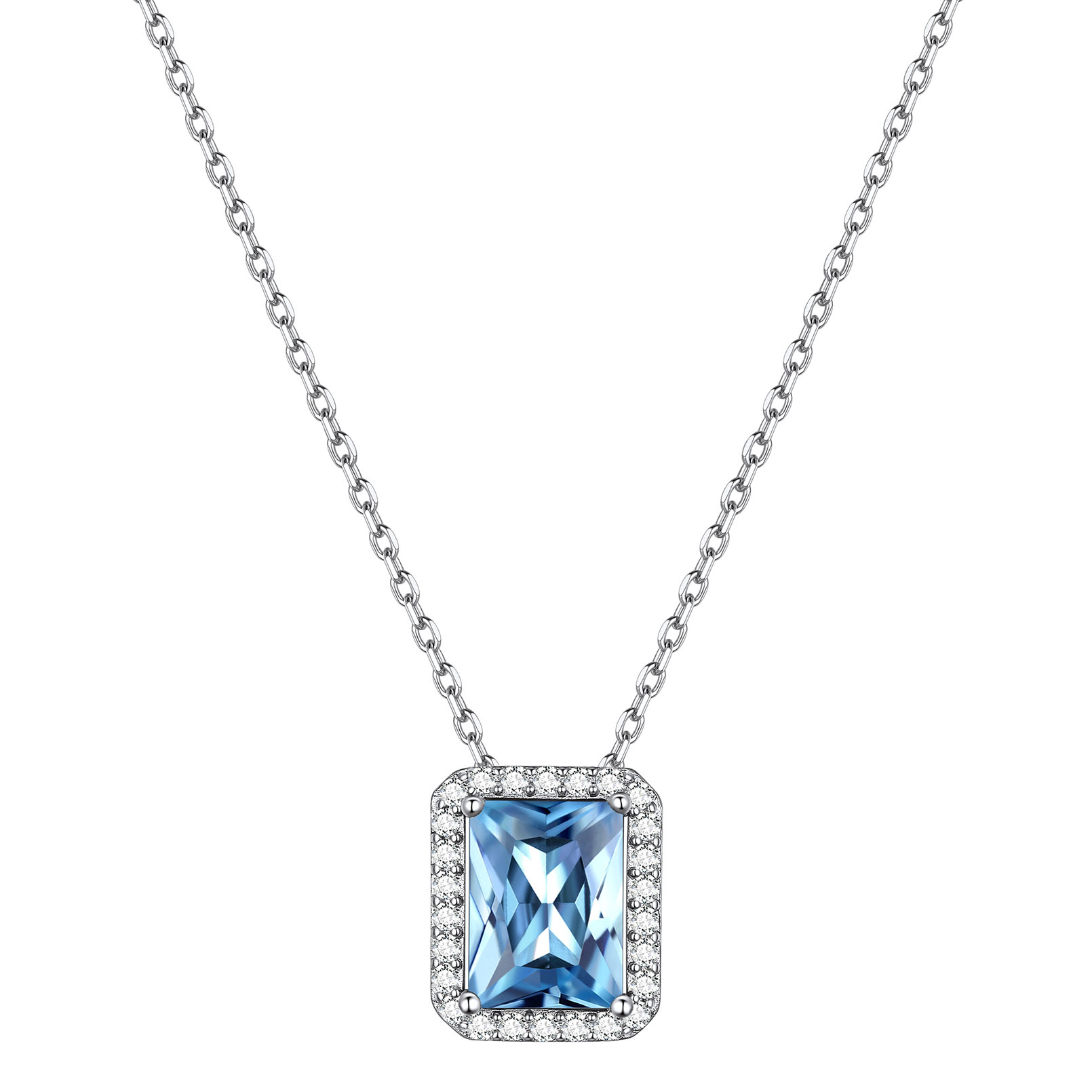 Square Emerald Cut Cubic Zirconia Halo Pendant Birthstone Necklace for Women, march birthstone, Aquamarine Pendant, Pisces Birthstone, Aries Birthstone, sterling silver jewelry, gift idea