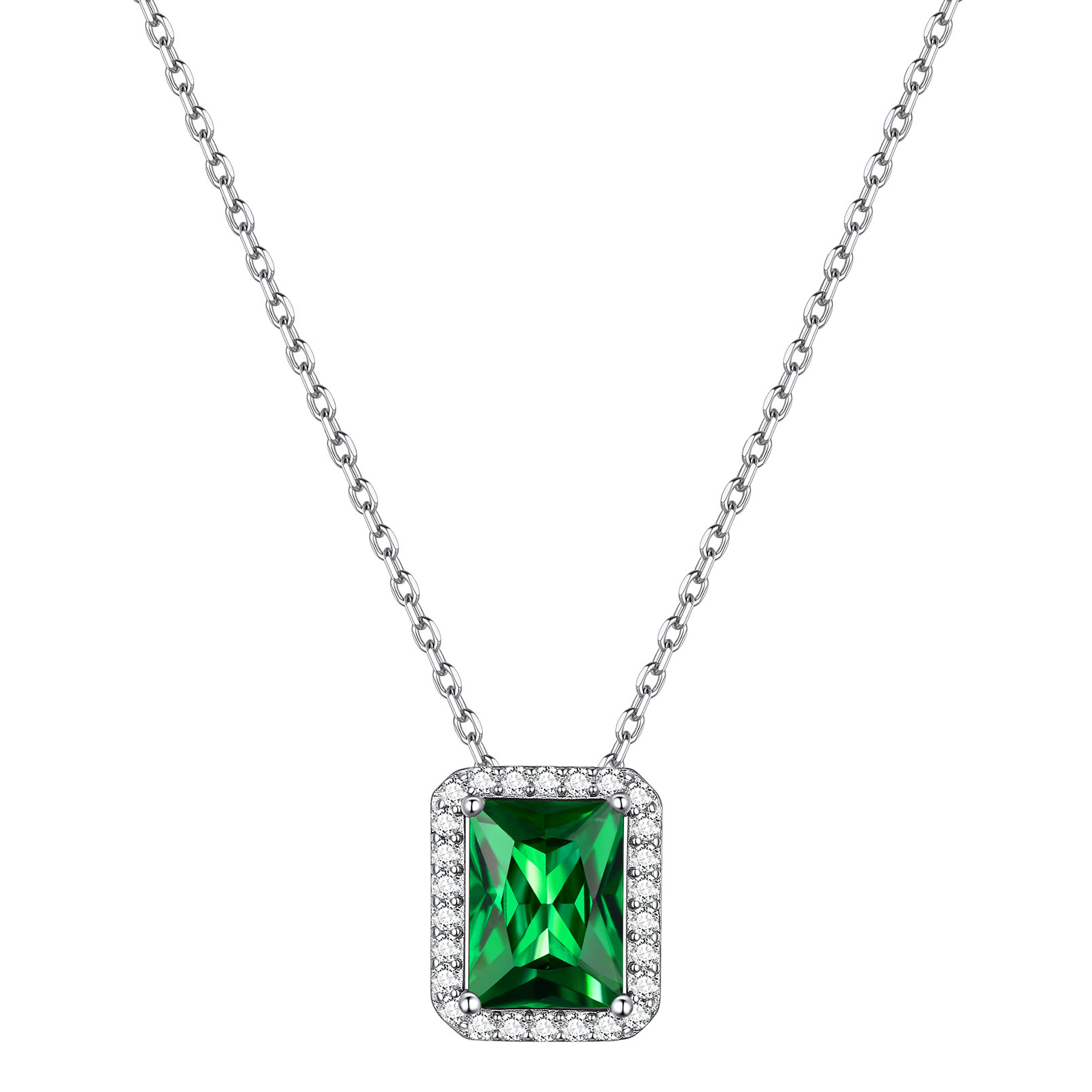 Square Emerald Cut Cubic Zirconia Halo Pendant Birthstone Necklace for Women, may birthstone, Emerald Necklace, Taurus Birthstone, Gemini Birthstone, sterling silver earrings, gift idea