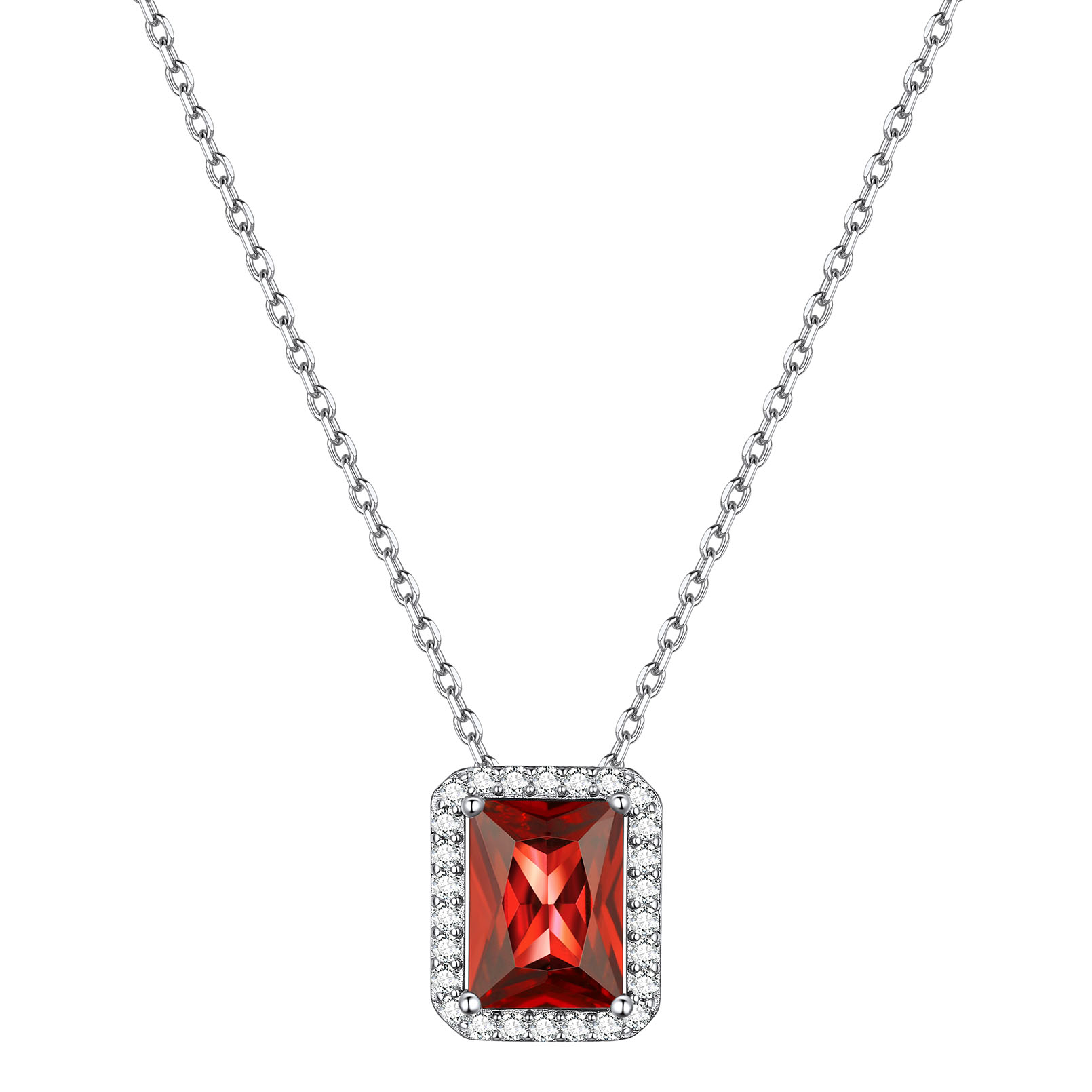 Square Emerald Cut Cubic Zirconia Halo Pendant Birthstone Necklace for Women, july birthstone, Ruby birthstone, Cancer Birthstone, Leo Birthstone, sterling silver jewelry, gift idea