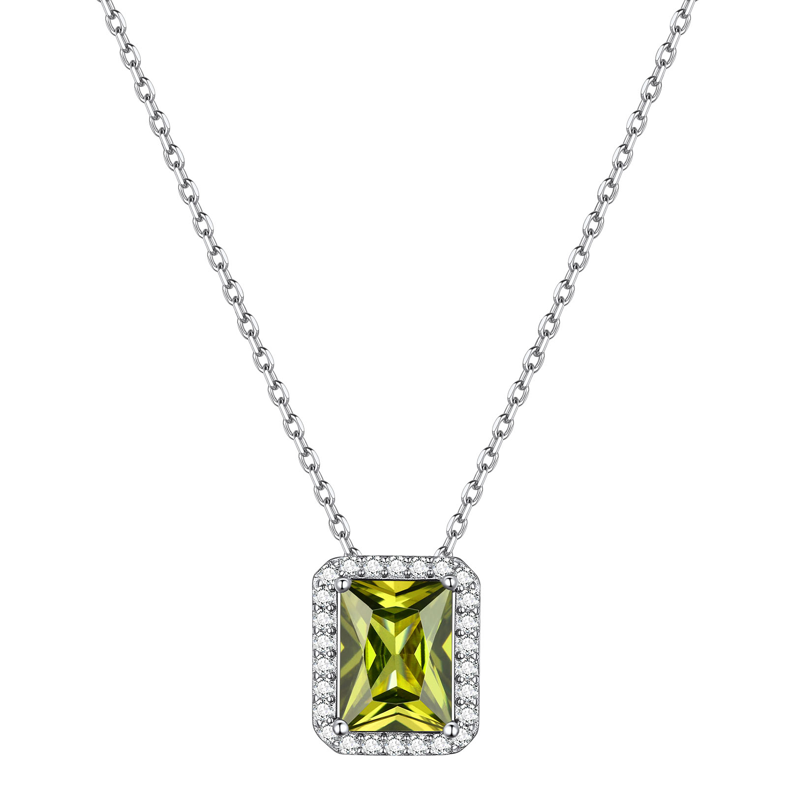 Square Emerald Cut Cubic Zirconia Halo Pendant Birthstone Necklace for Women,august birthstone, Peridot Necklace, Leo Birthstone, Virgo Birthstone, sterling silver jewelry, gift idea