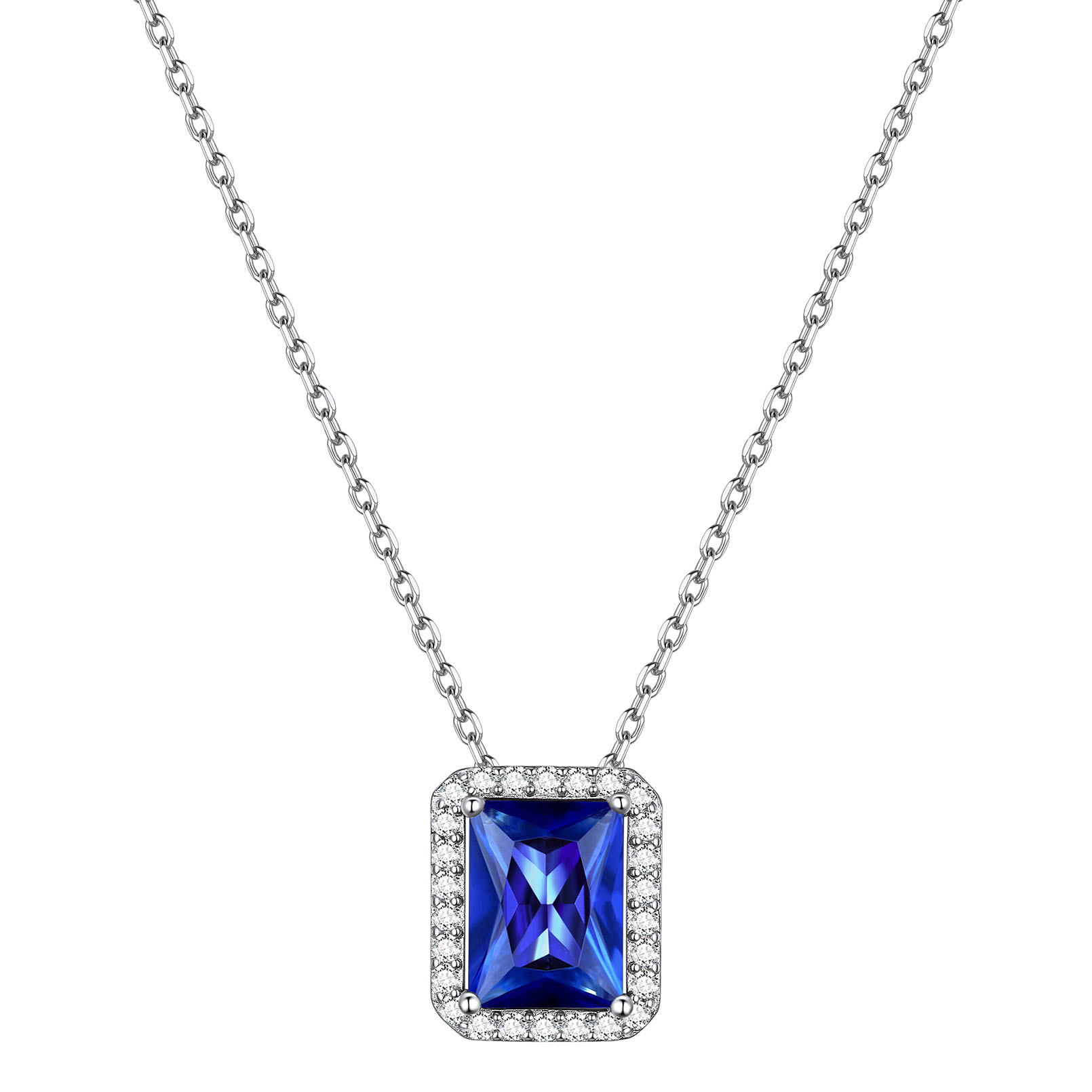 Square Emerald Cut Cubic Zirconia Halo Pendant Birthstone Necklace for Women, september birthstone, Sapphire Jewelry, Virgo Birthstone, Libra Birthstone, sterling silver jewelry, gift idea