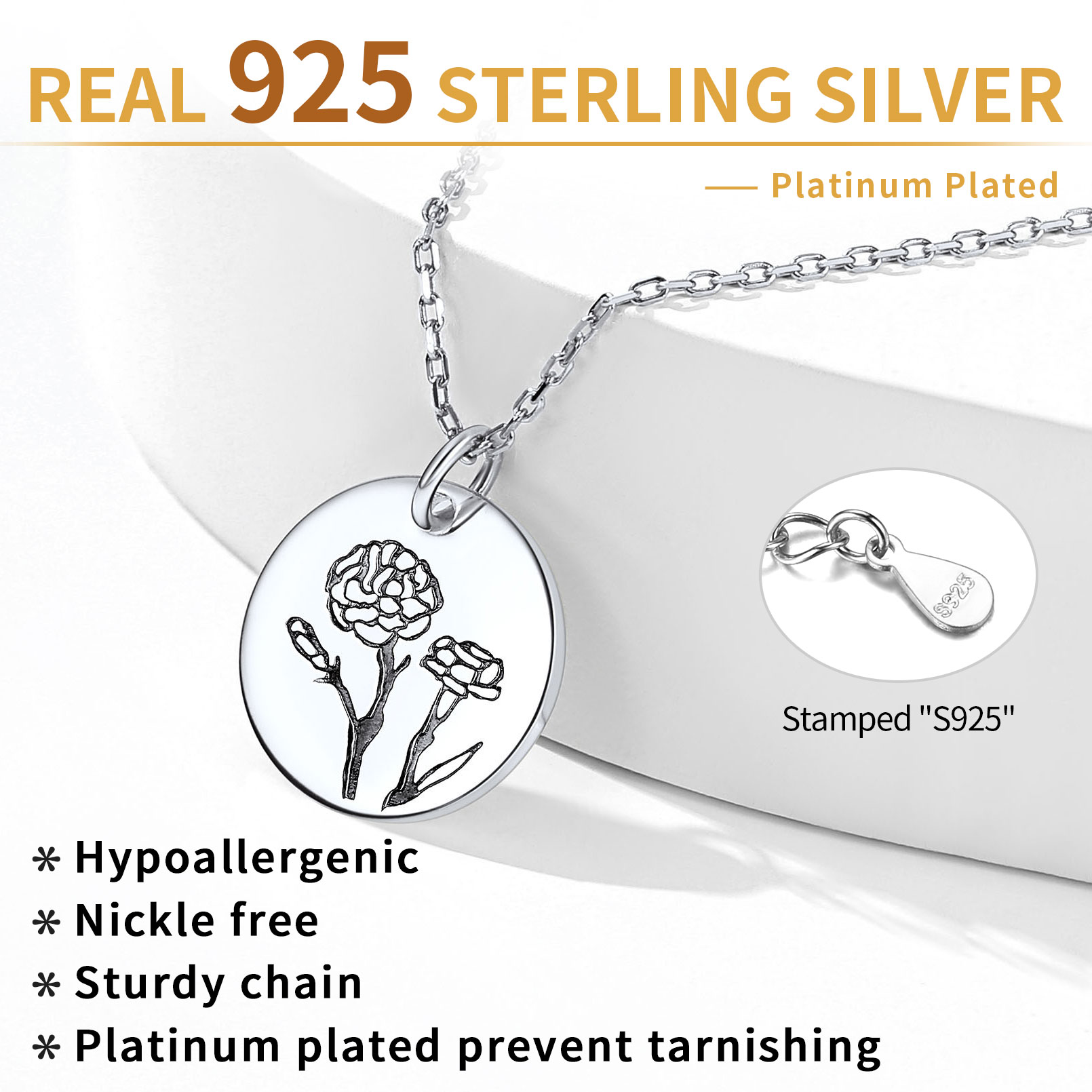 Sterling Silver Birth Month Flower Engraved Floral Disc Dainty Necklace