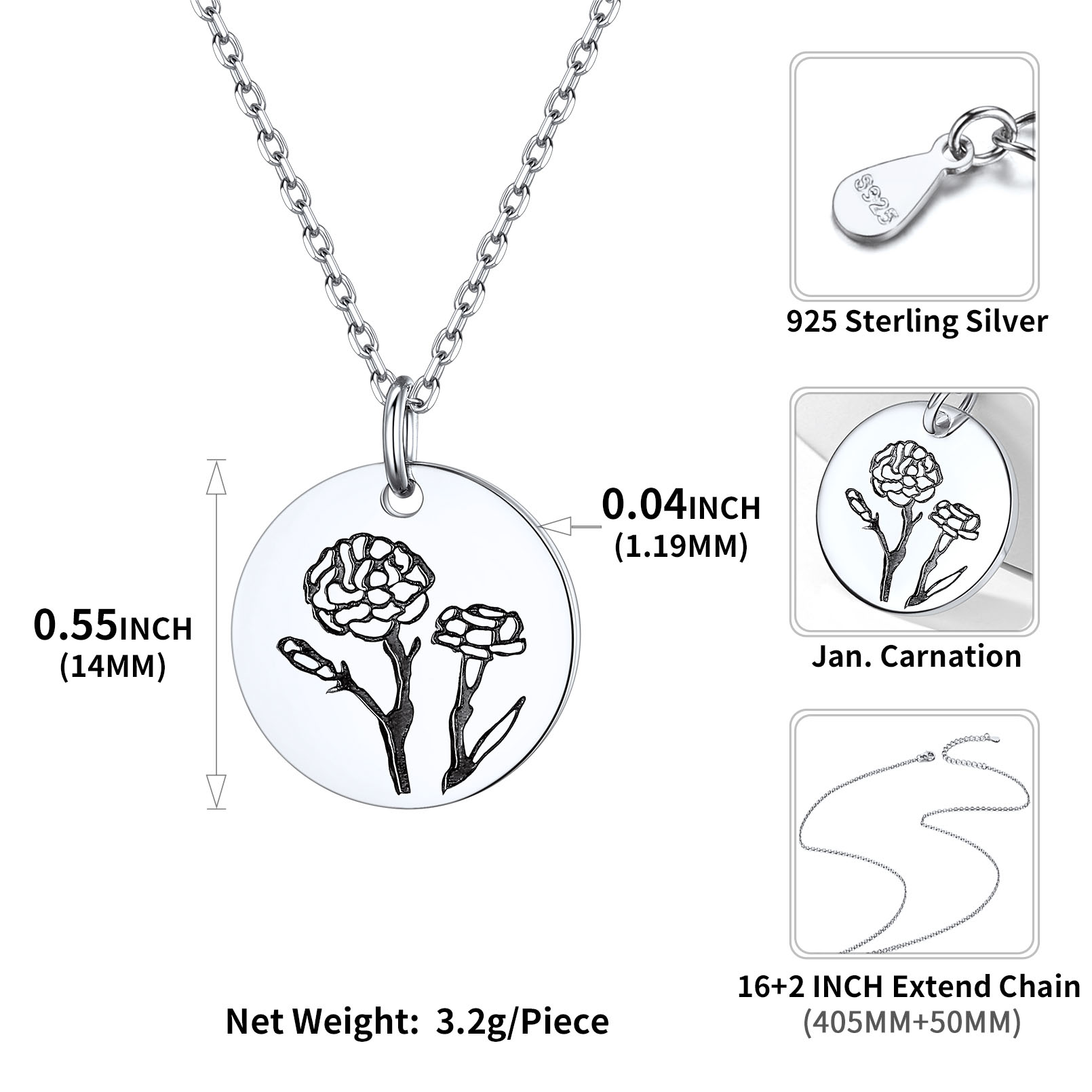 Birth Month Flower Engraved Floral Disc Dainty Necklace Details: Dimensions, Hypoallergenic, Lobster-Claw-Clasps