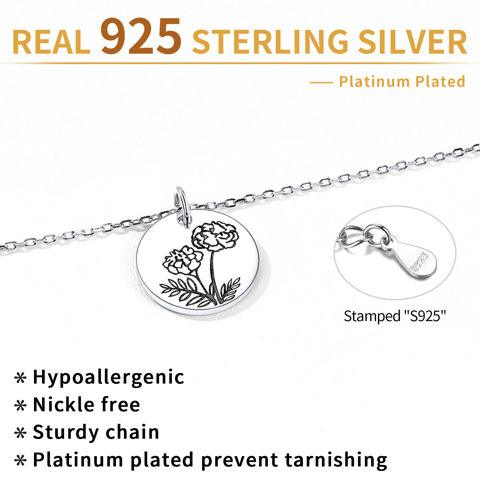 Sterling Silver Birth Month Flower Engraved Floral Disc Dainty Necklace