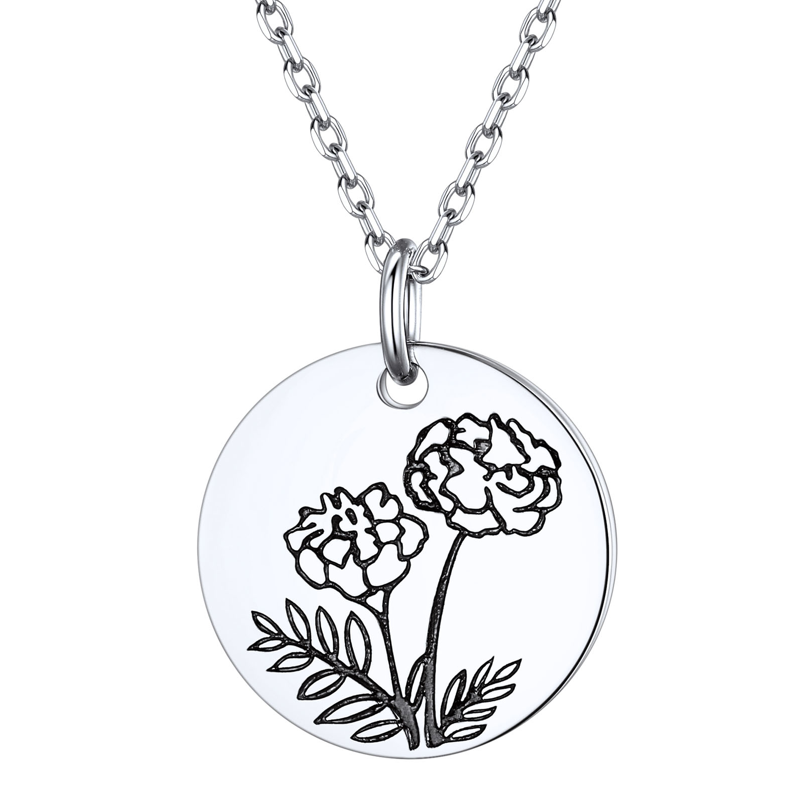 October-Marigold Birth Month Flower Engraved Floral Disc Dainty Necklace