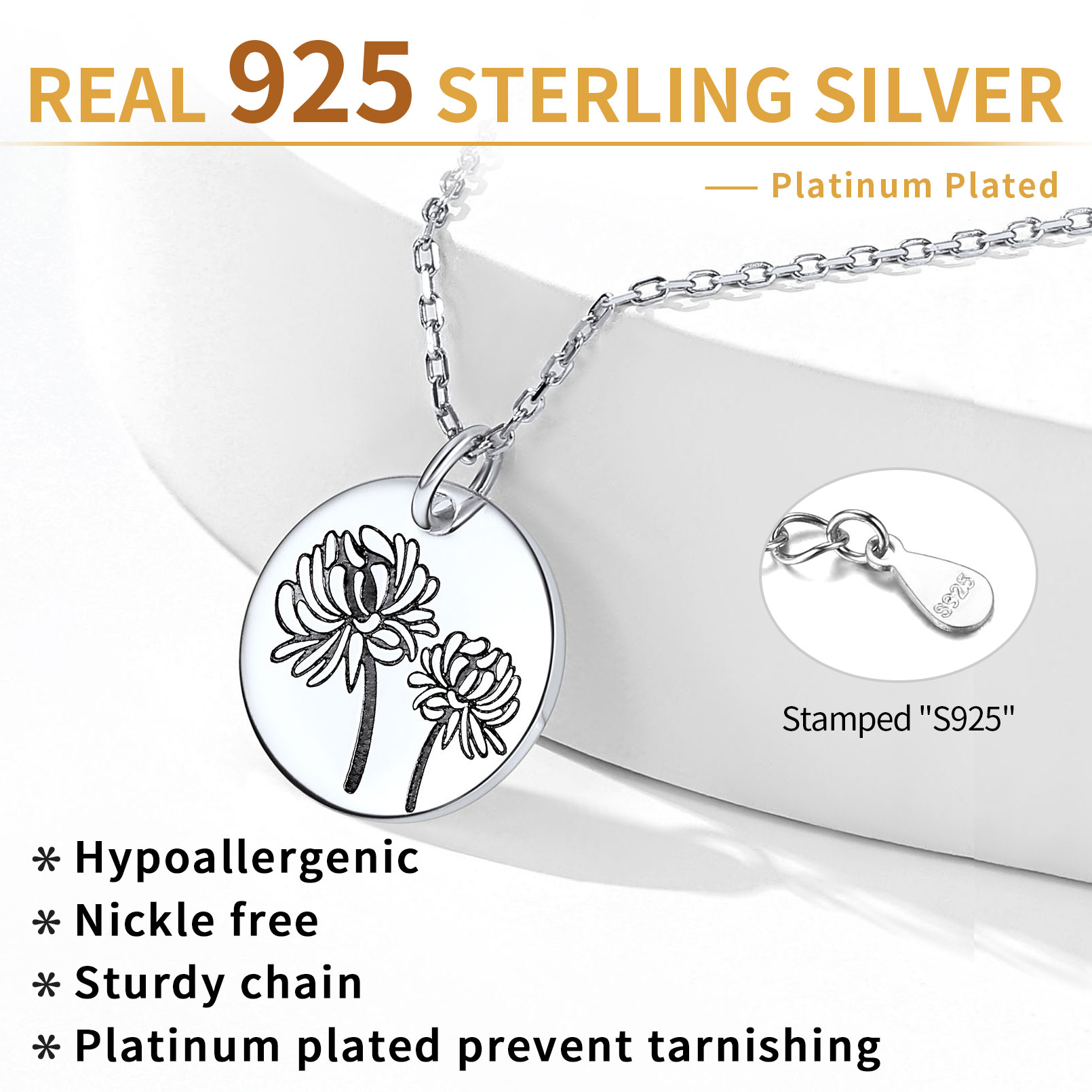 Sterling Silver Birth Month Flower Engraved Floral Disc Dainty Necklace