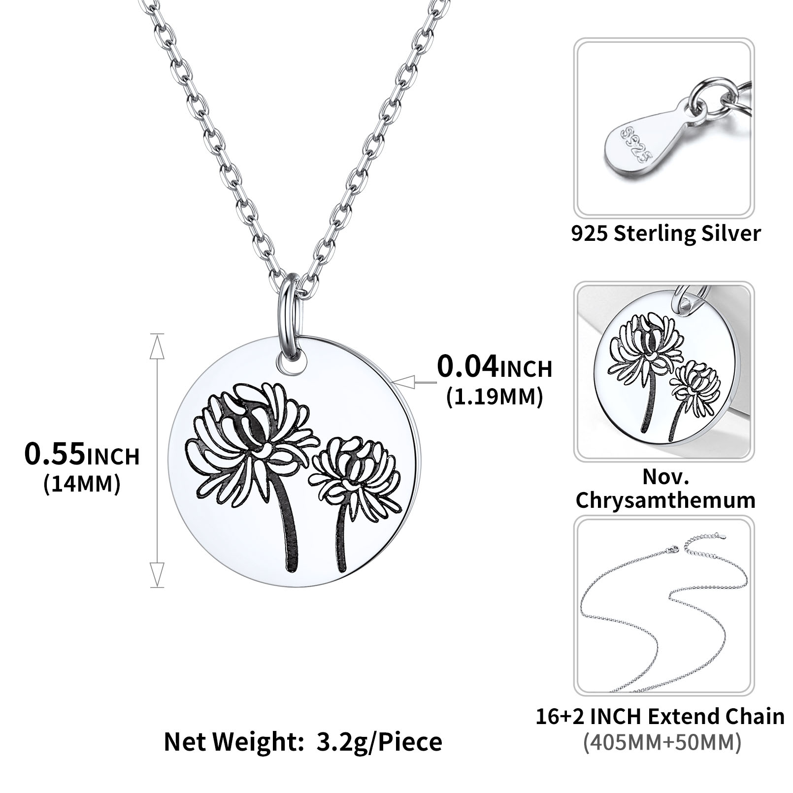 Birth Month Flower Engraved Floral Disc Dainty Necklace Details: Dimensions, Hypoallergenic, Lobster-Claw-Clasps