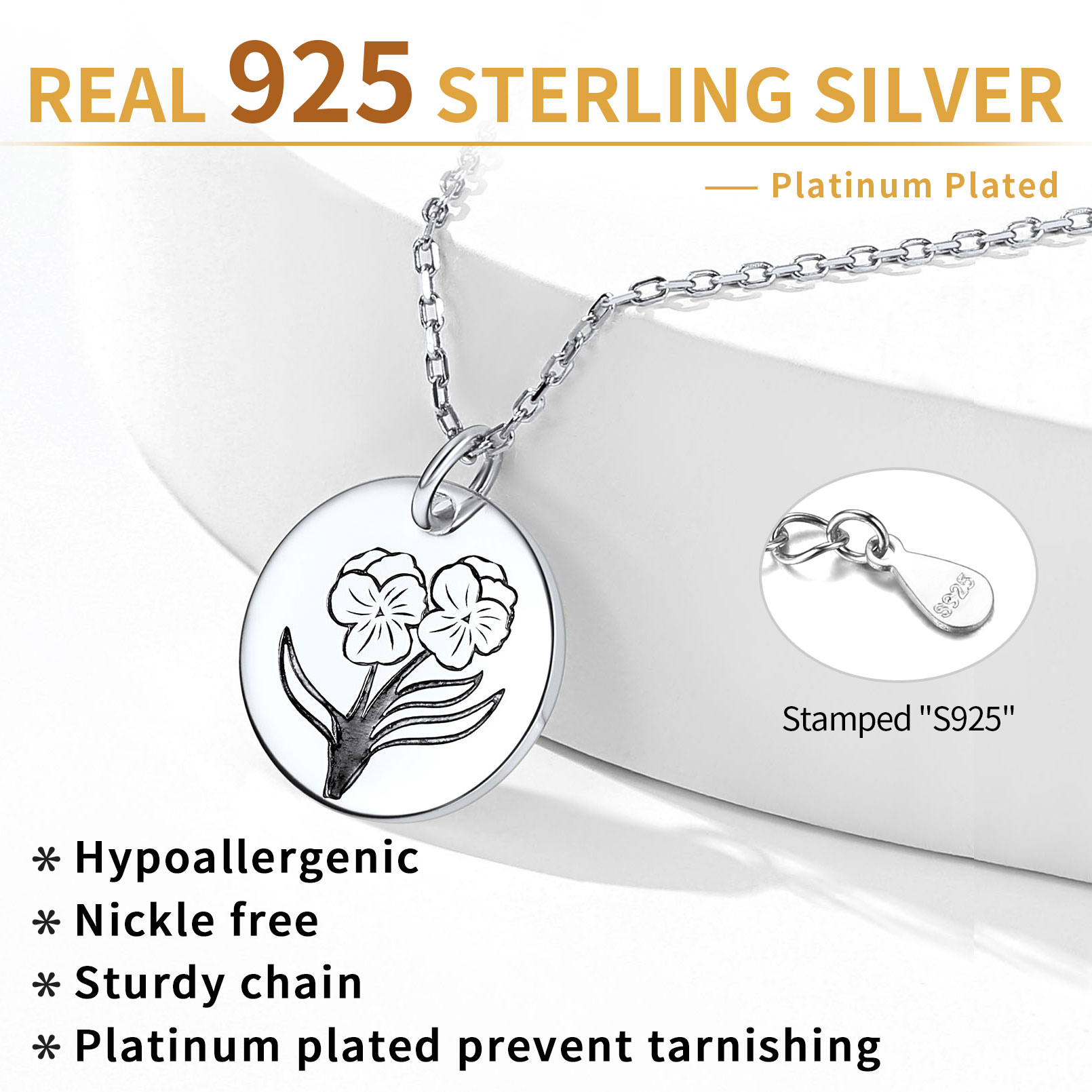 Sterling Silver Birth Month Flower Engraved Floral Disc Dainty Necklace