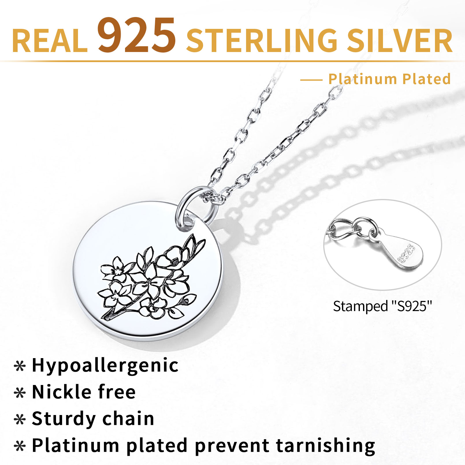 Sterling Silver Birth Month Flower Engraved Floral Disc Dainty Necklace