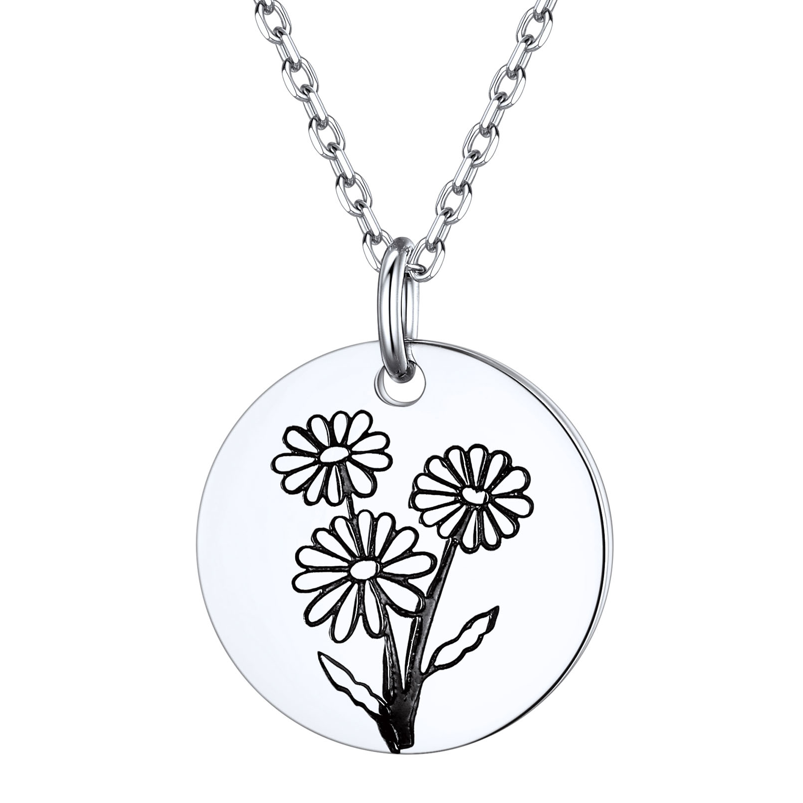 April-Daisy Birth Month Flower Engraved Floral Disc Dainty Necklace