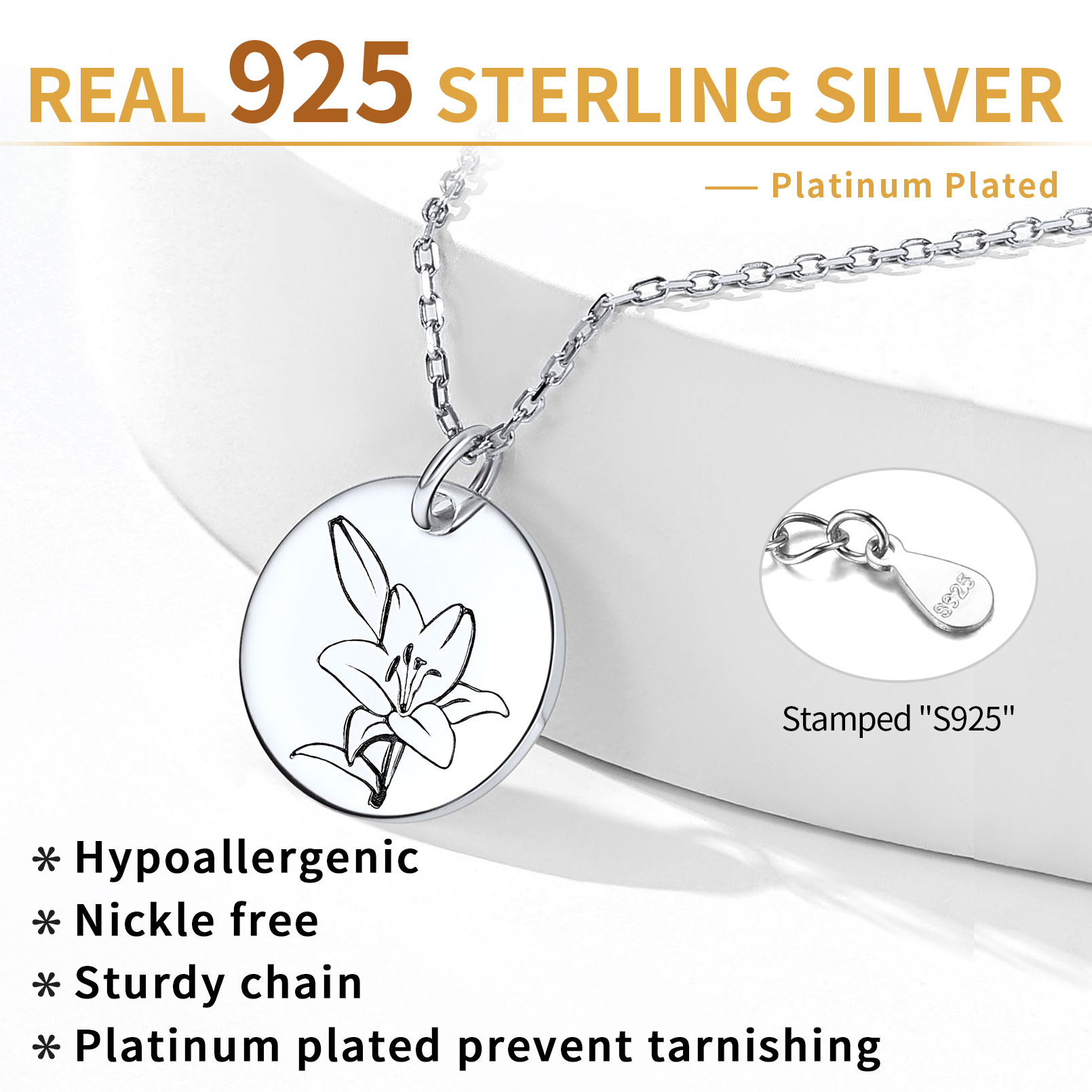 Sterling Silver Birth Month Flower Engraved Floral Disc Dainty Necklace