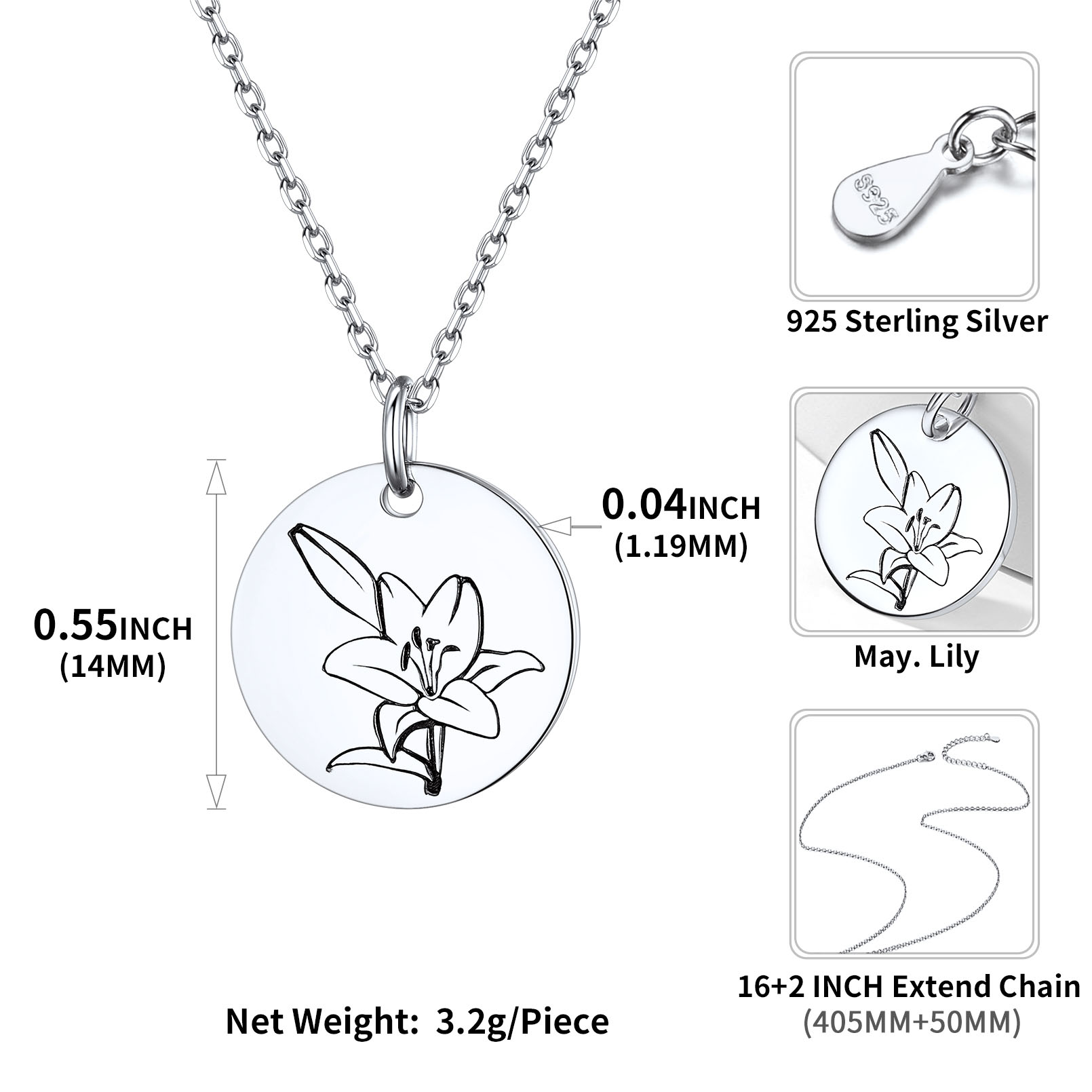 Birth Month Flower Engraved Floral Disc Dainty Necklace Details: Dimensions, Hypoallergenic, Lobster-Claw-Clasps