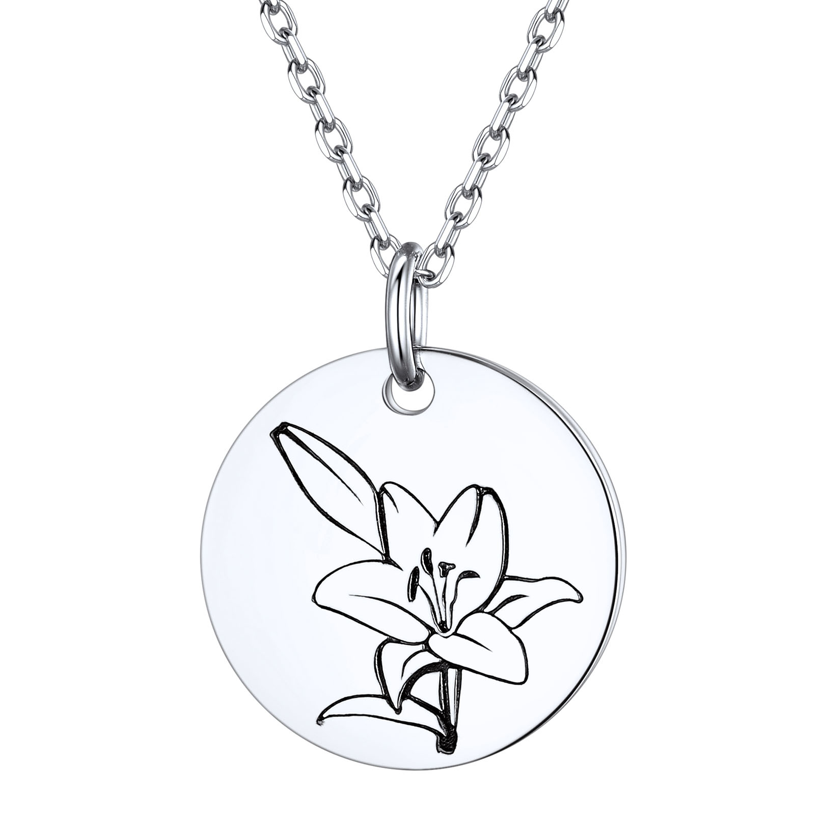 May-Lily Birth Month Flower Engraved Floral Disc Dainty Necklace