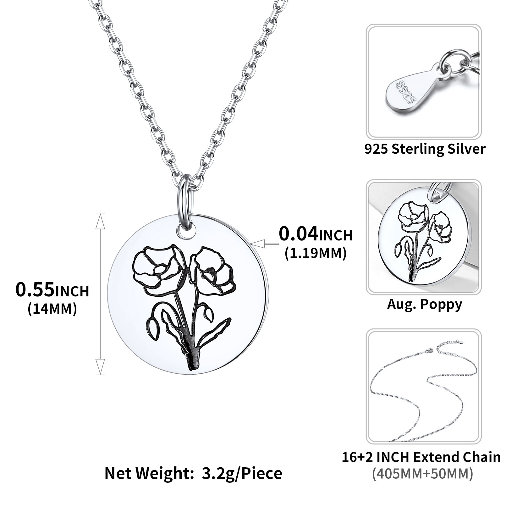 Birth Month Flower Engraved Floral Disc Dainty Necklace Details: Dimensions, Hypoallergenic, Lobster-Claw-Clasps