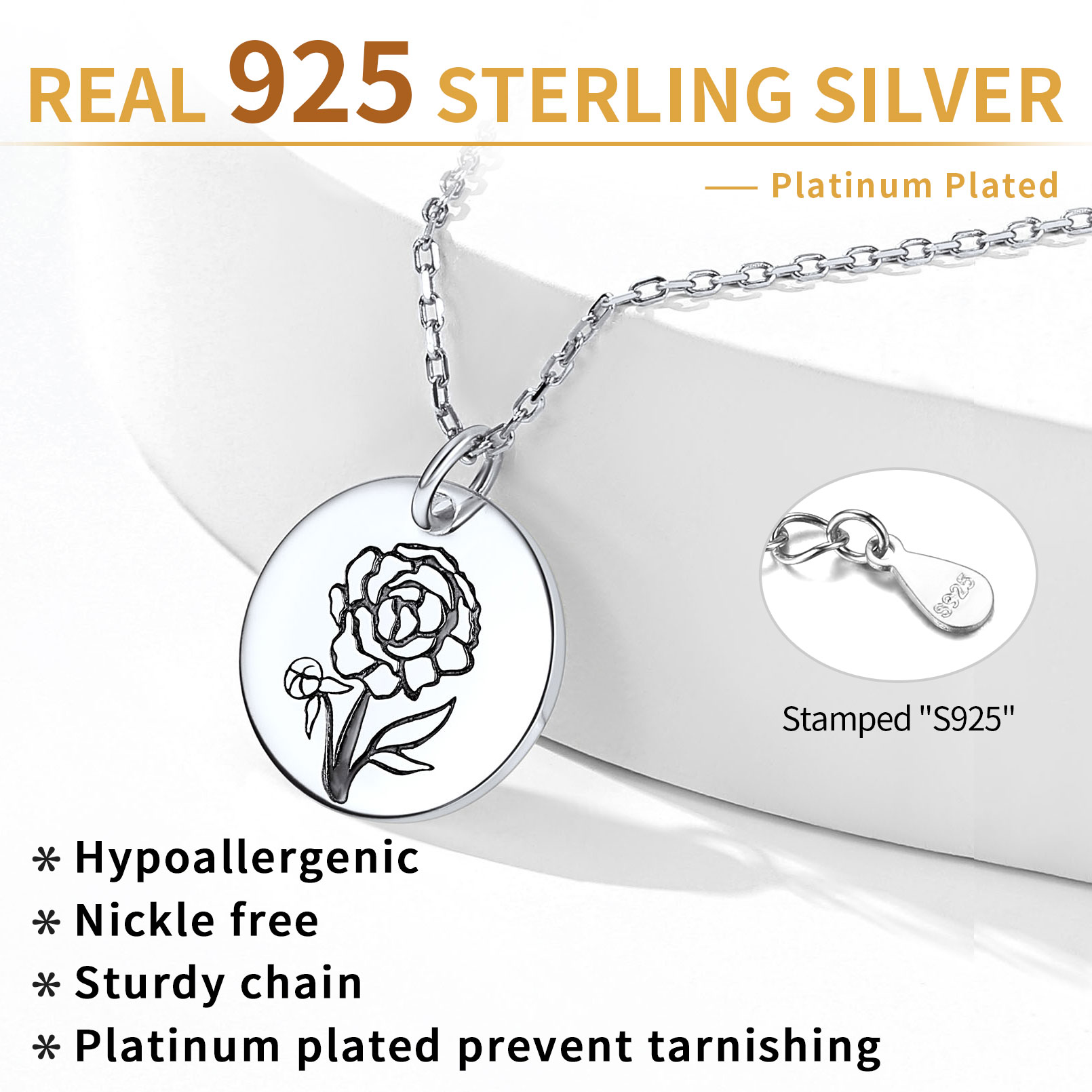 Sterling Silver Birth Month Flower Engraved Floral Disc Dainty Necklace