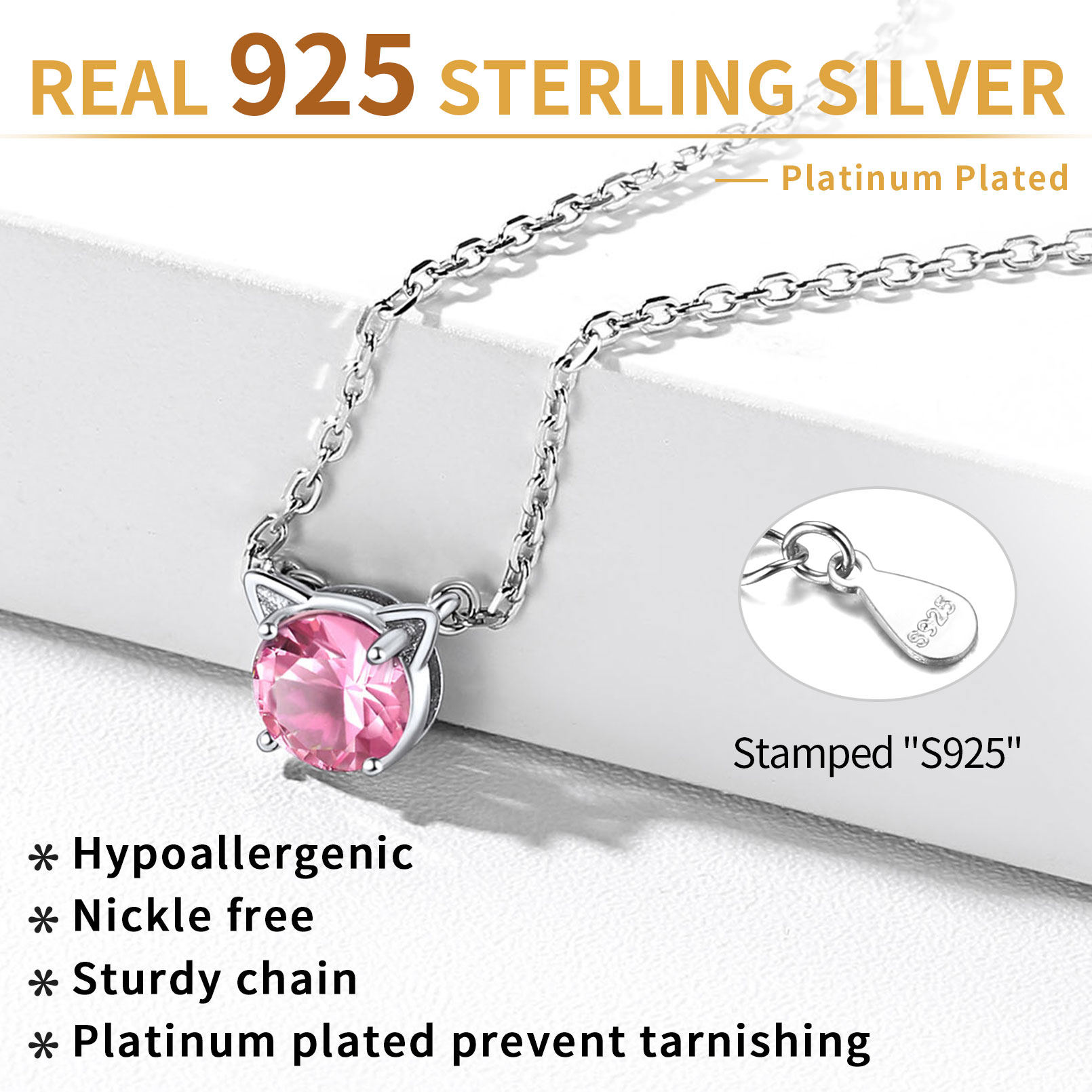 Sterling Silver Cute Cat Birthstone Necklaces