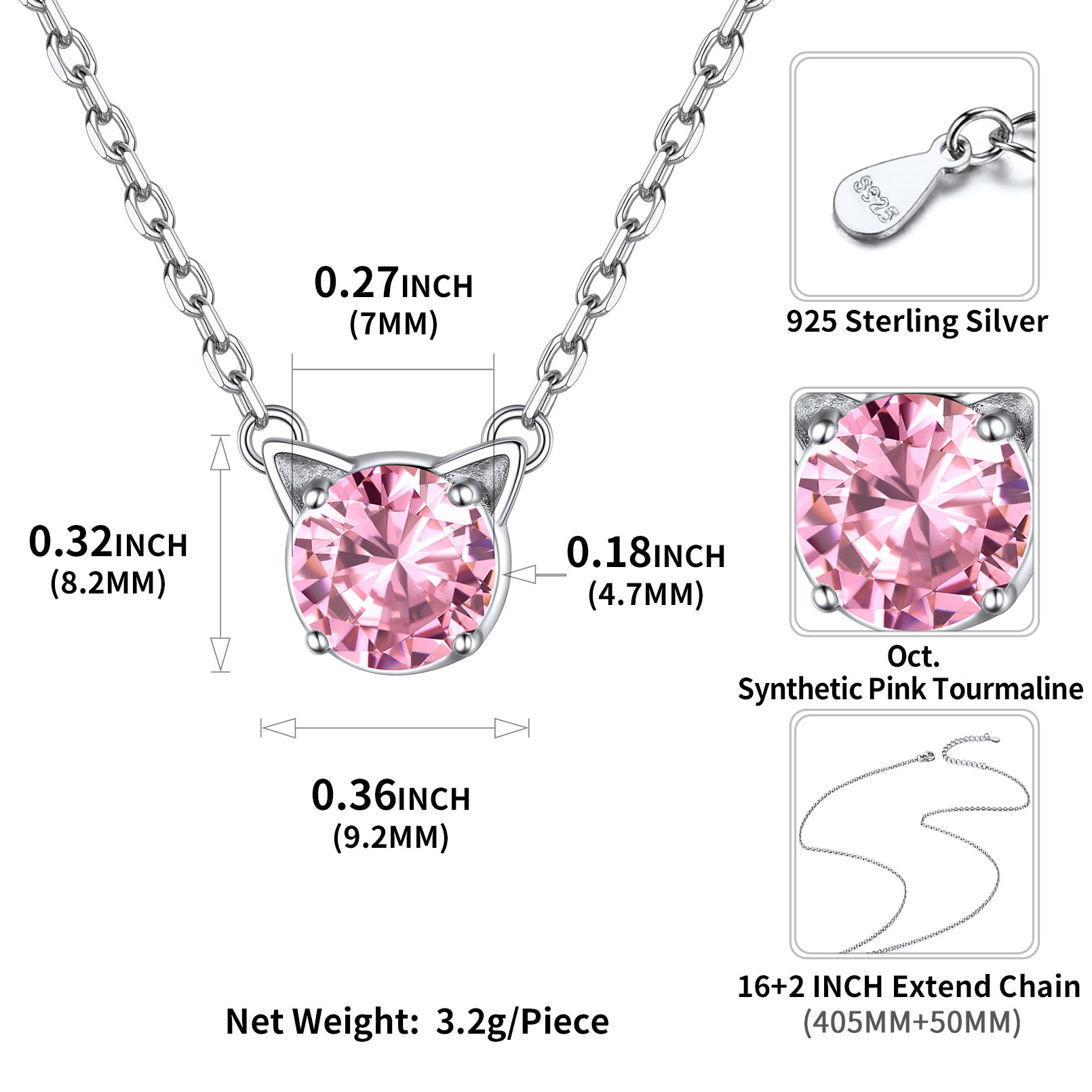 Cute Cat Birthstone Necklaces Details: Dimensions, Hypoallergenic, Lobster-Claw-Clasps