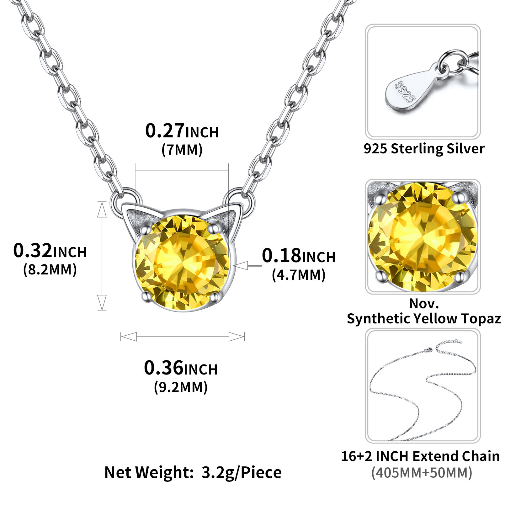 Cute Cat Birthstone Necklaces Details: Dimensions, Hypoallergenic, Lobster-Claw-Clasps