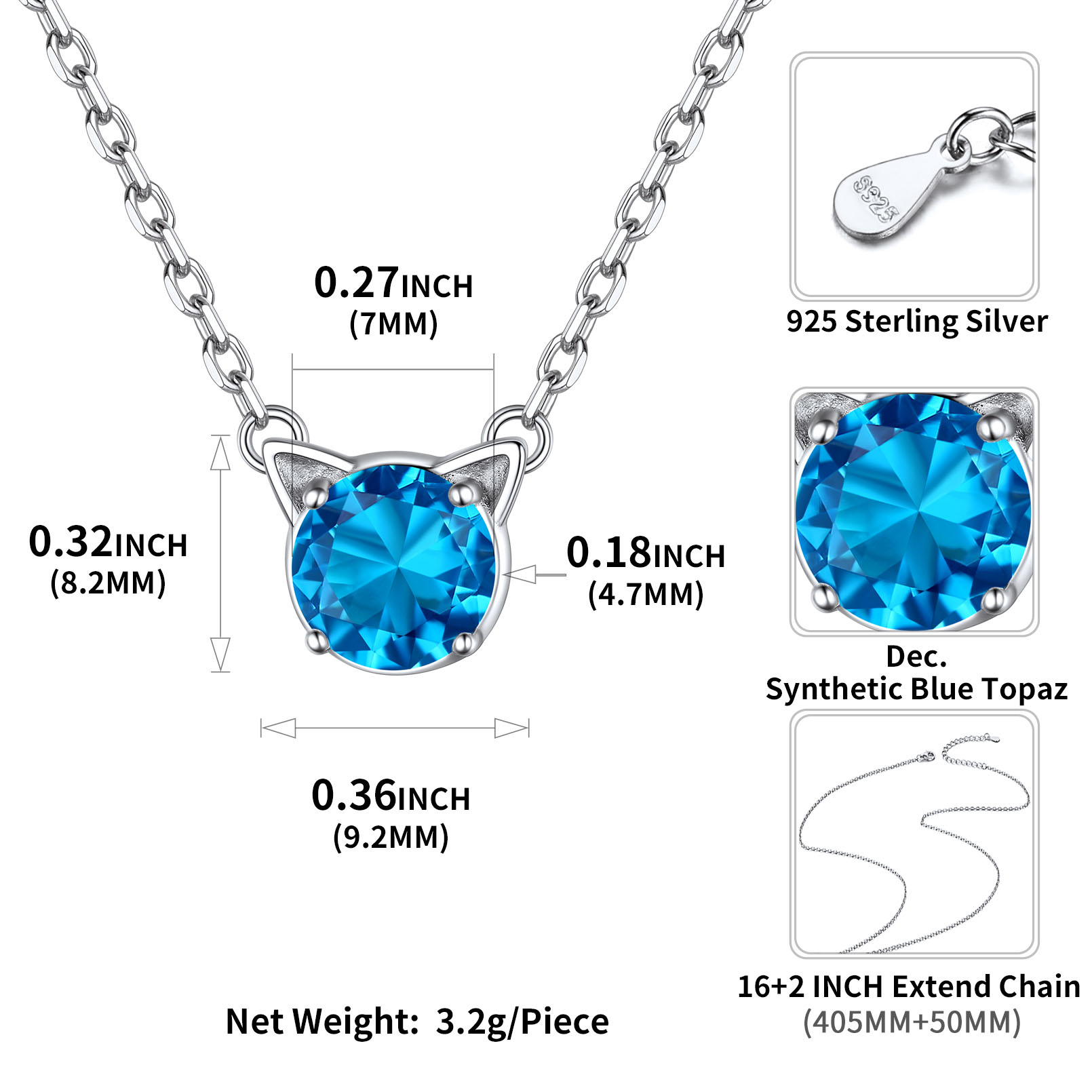 Cute Cat Birthstone Necklaces Details: Dimensions, Hypoallergenic, Lobster-Claw-Clasps