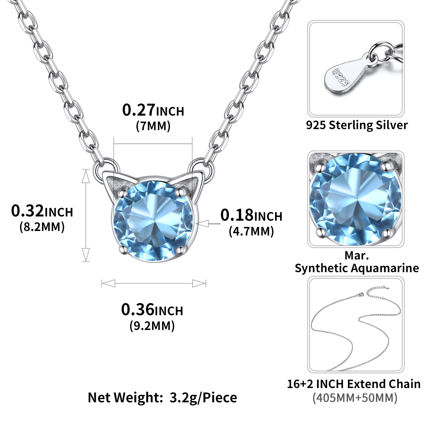 Cute Cat Birthstone Necklaces Details: Dimensions, Hypoallergenic, Lobster-Claw-Clasps