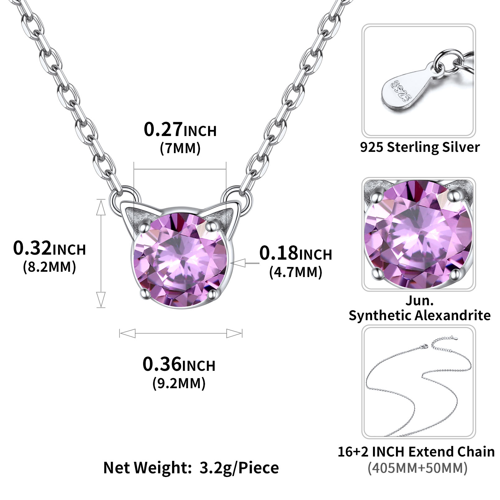 Cute Cat Birthstone Necklaces Details: Dimensions, Hypoallergenic, Lobster-Claw-Clasps