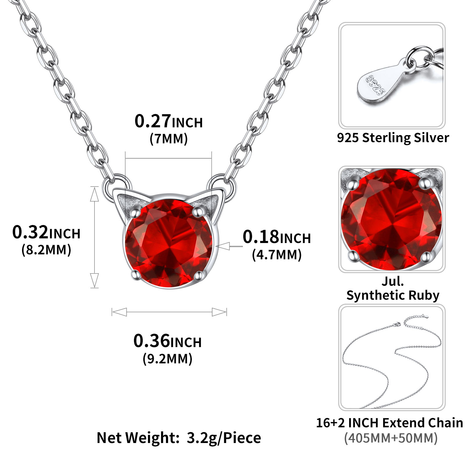Cute Cat Birthstone Necklaces Details: Dimensions, Hypoallergenic, Lobster-Claw-Clasps