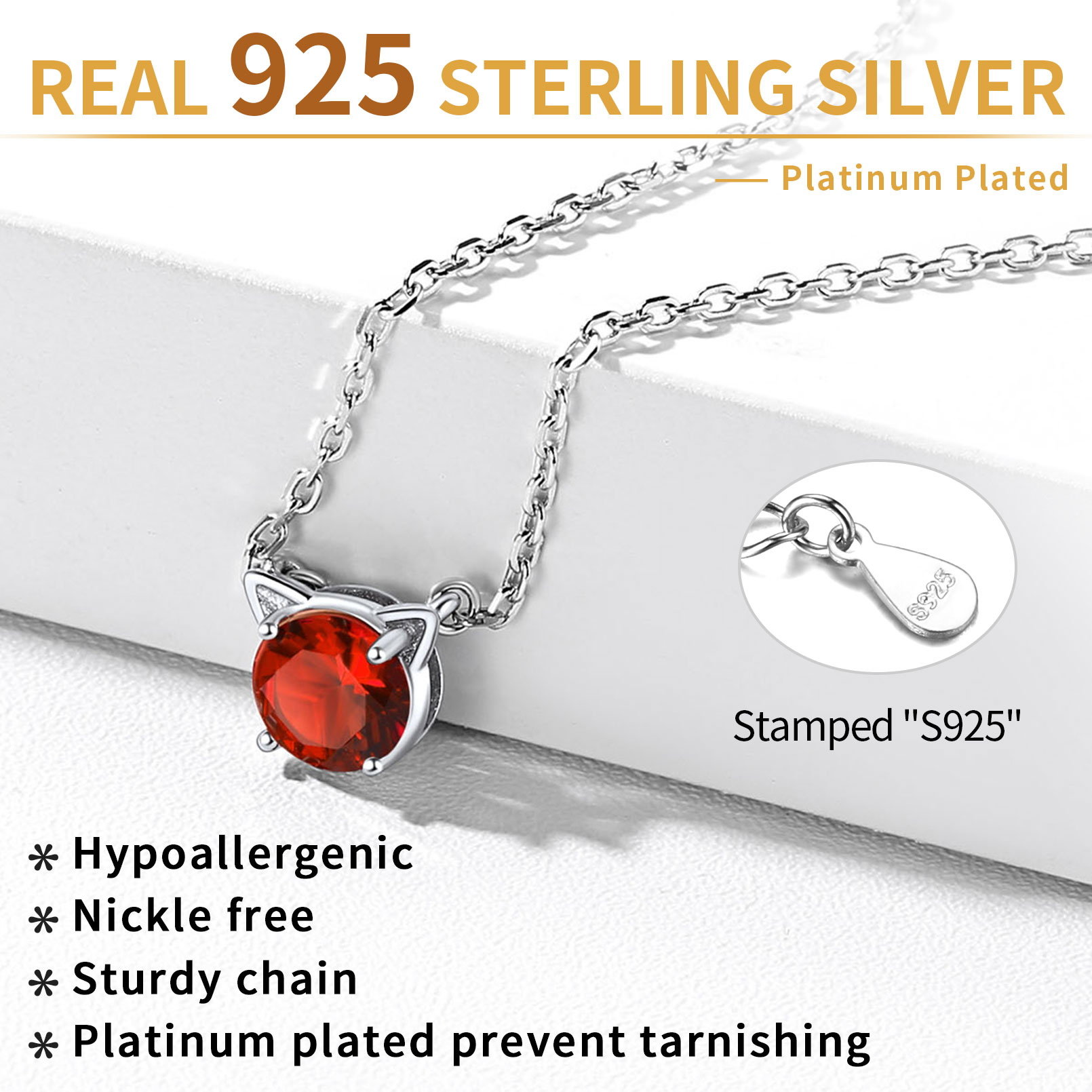 Sterling Silver Cute Cat Birthstone Necklaces