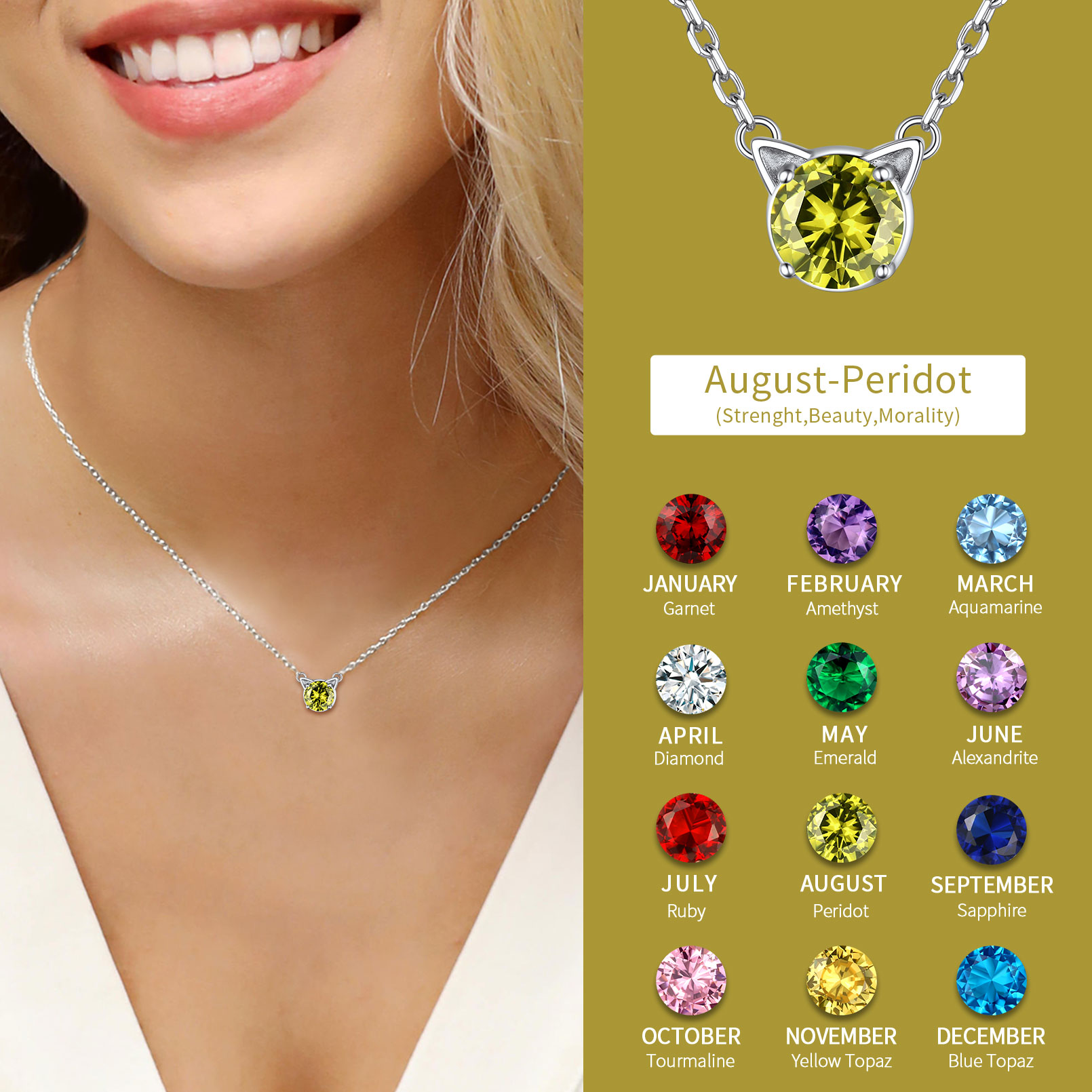 Cute Cat Birthstone Necklaces