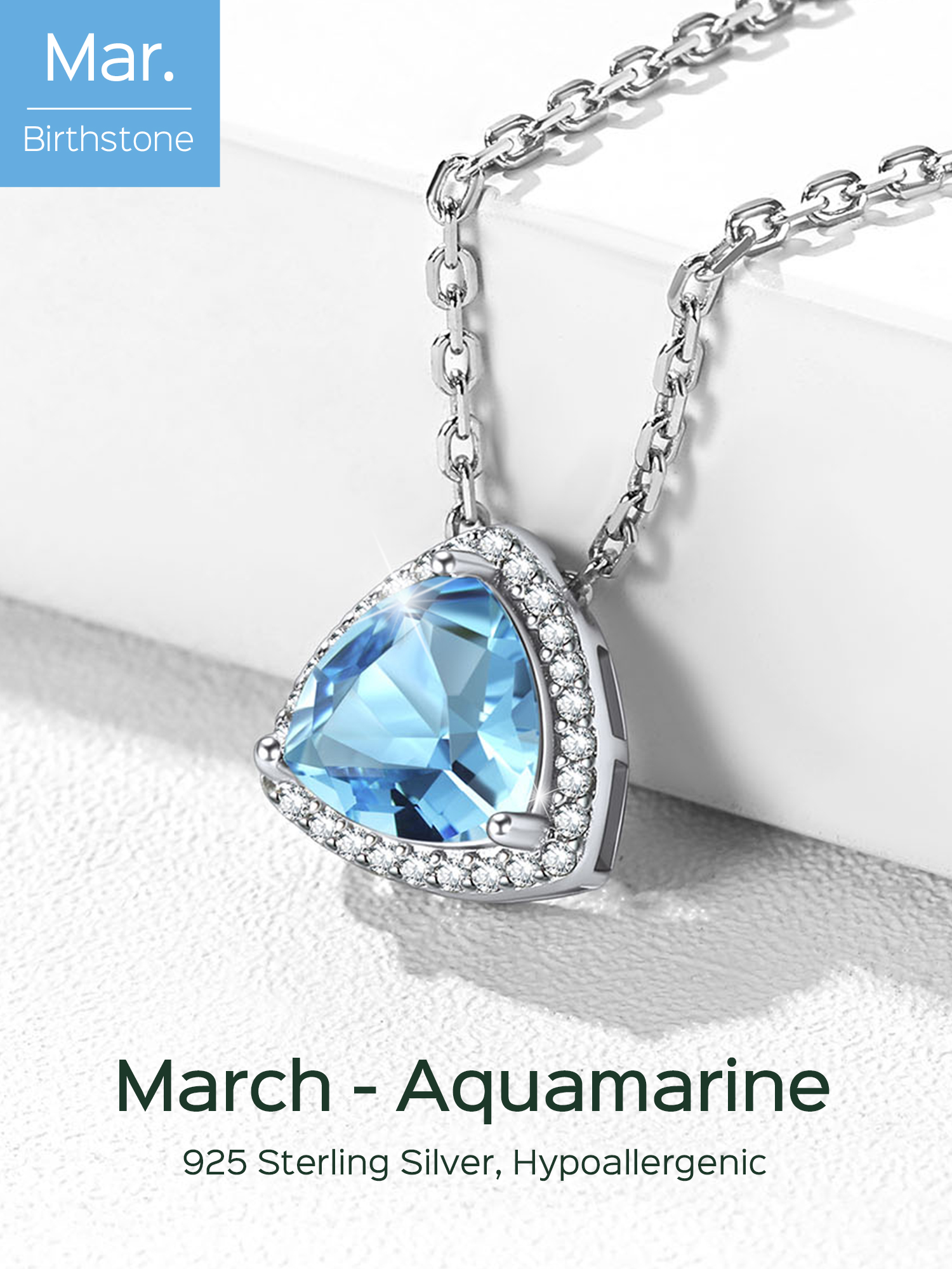 Triangle Shape March Birthstone Pendant Halo Necklace