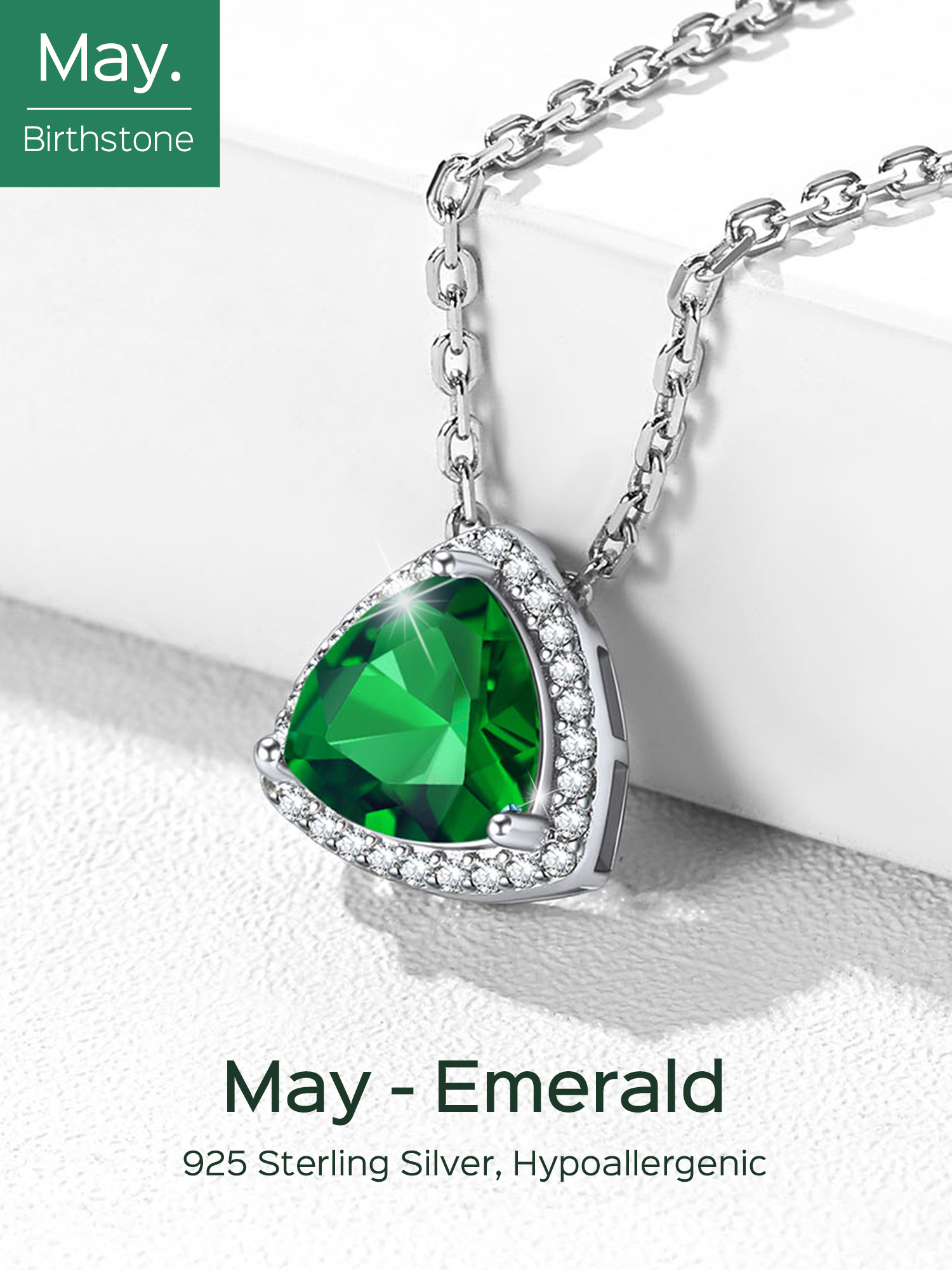 Triangle Shape May Birthstone Pendant Halo Necklace